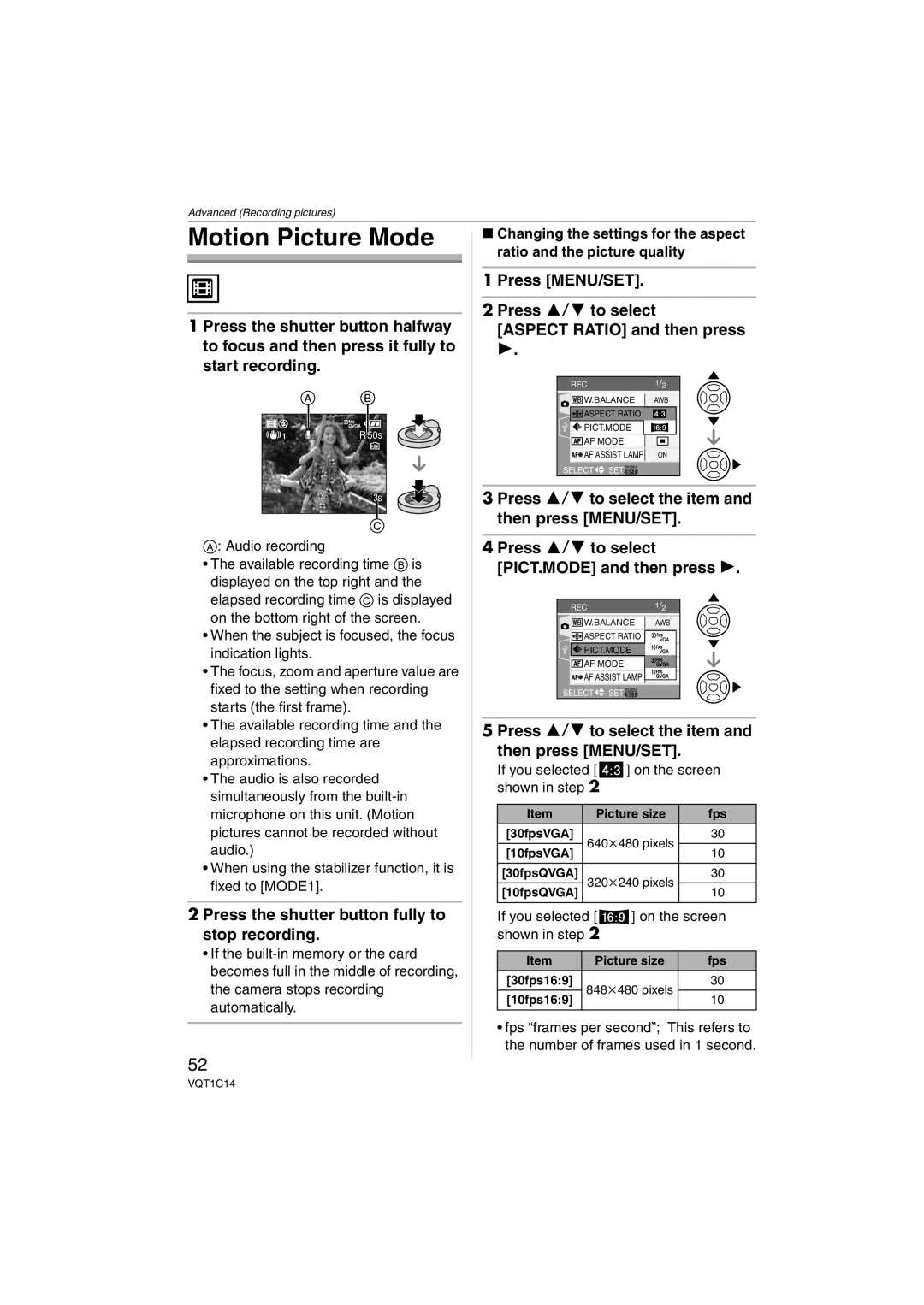 Panasonic DMC-FX12, DMC-FX10, DMCFX12S, DMCFX12K Motion Picture Mode, Press the shutter button fully to stop recording 