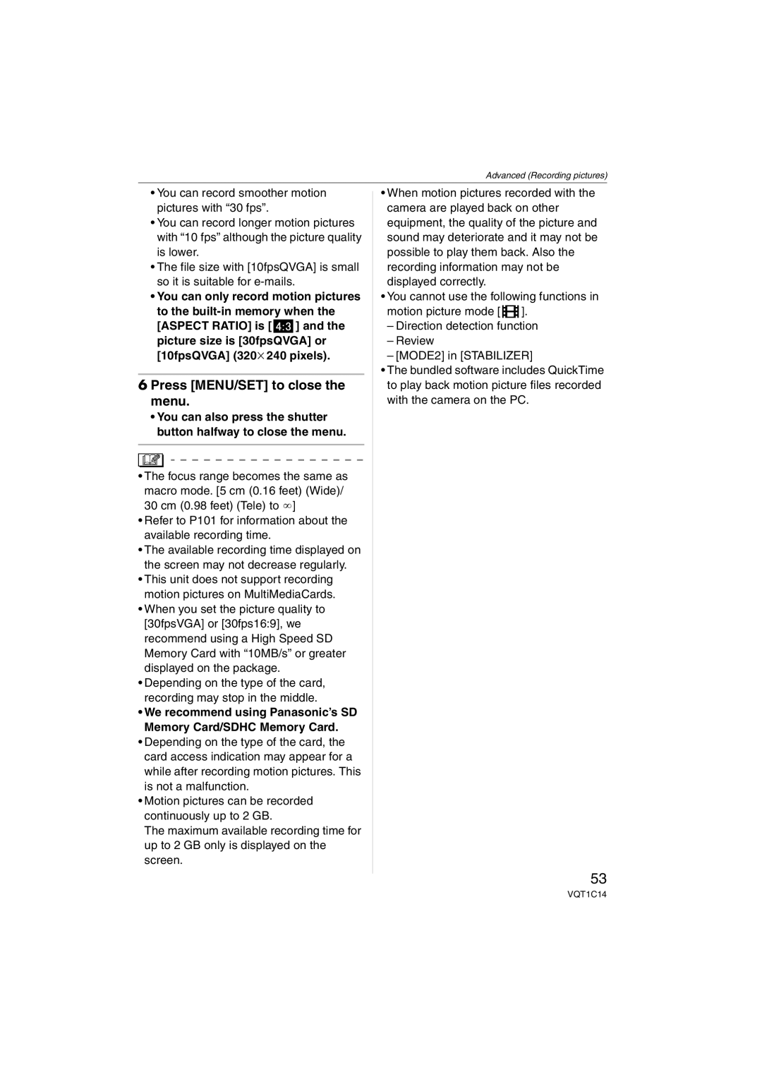 Panasonic DMC-FX10, DMC-FX12, DMCFX12S, DMCFX12K operating instructions Press MENU/SET to close the menu 