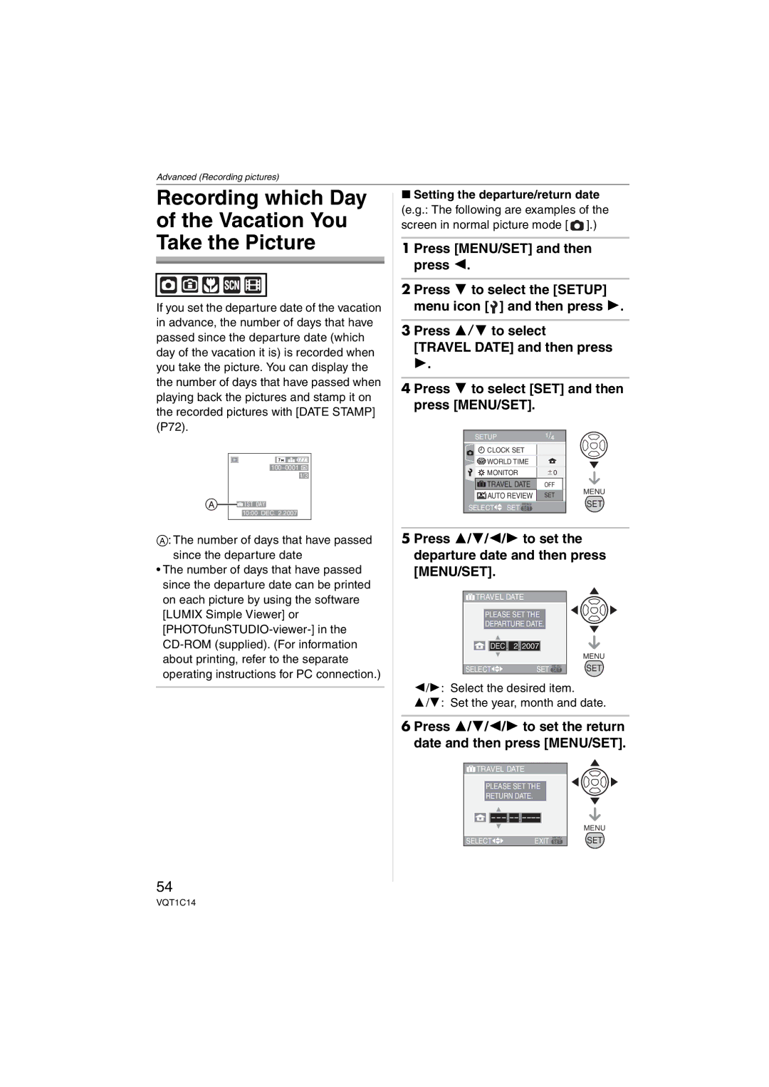 Panasonic DMCFX12S, DMC-FX12 Number of days that have passed since the departure date, Setting the departure/return date 