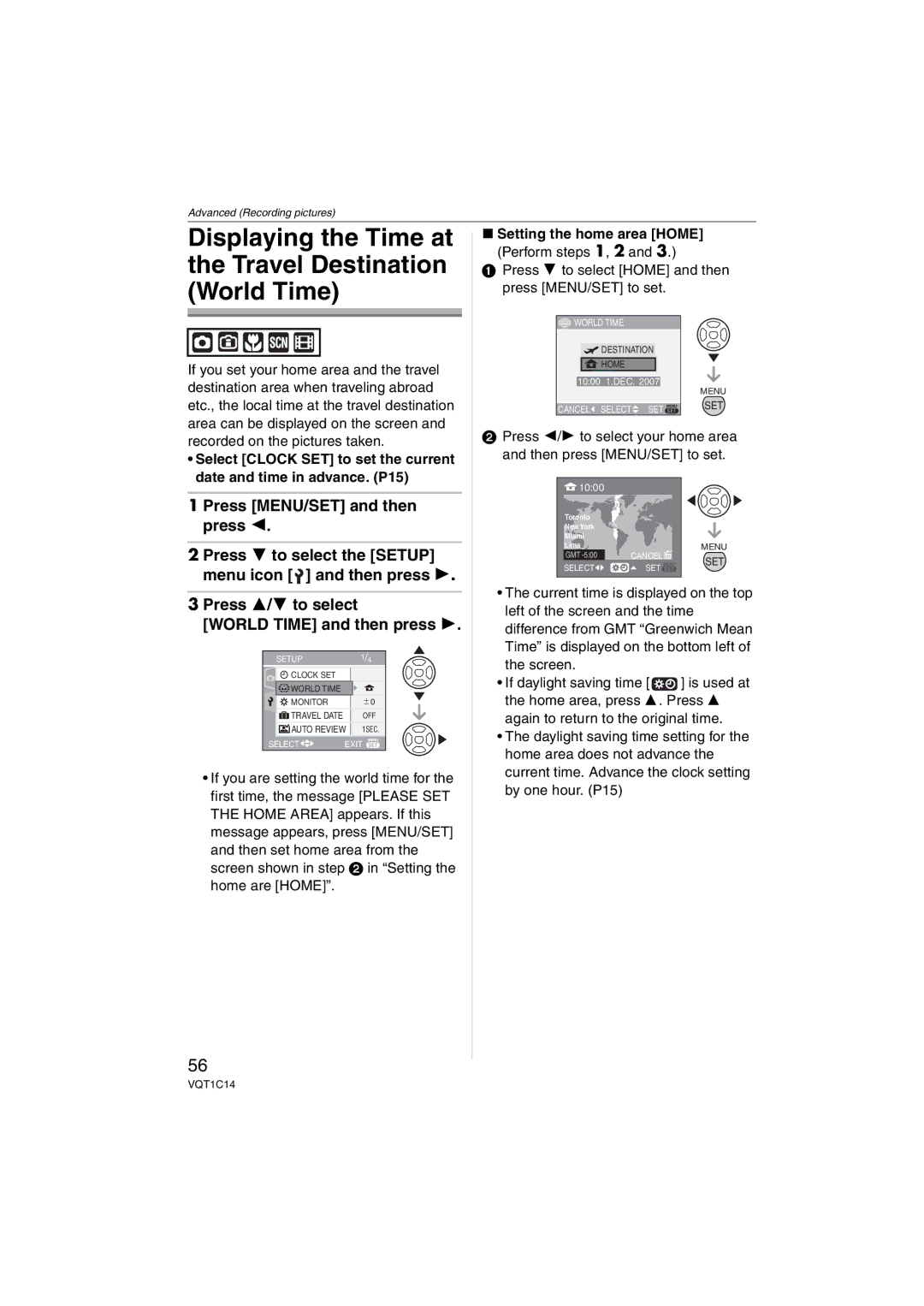 Panasonic DMC-FX12, DMC-FX10, DMCFX12S Displaying the Time at Travel Destination World Time, Setting the home area Home 