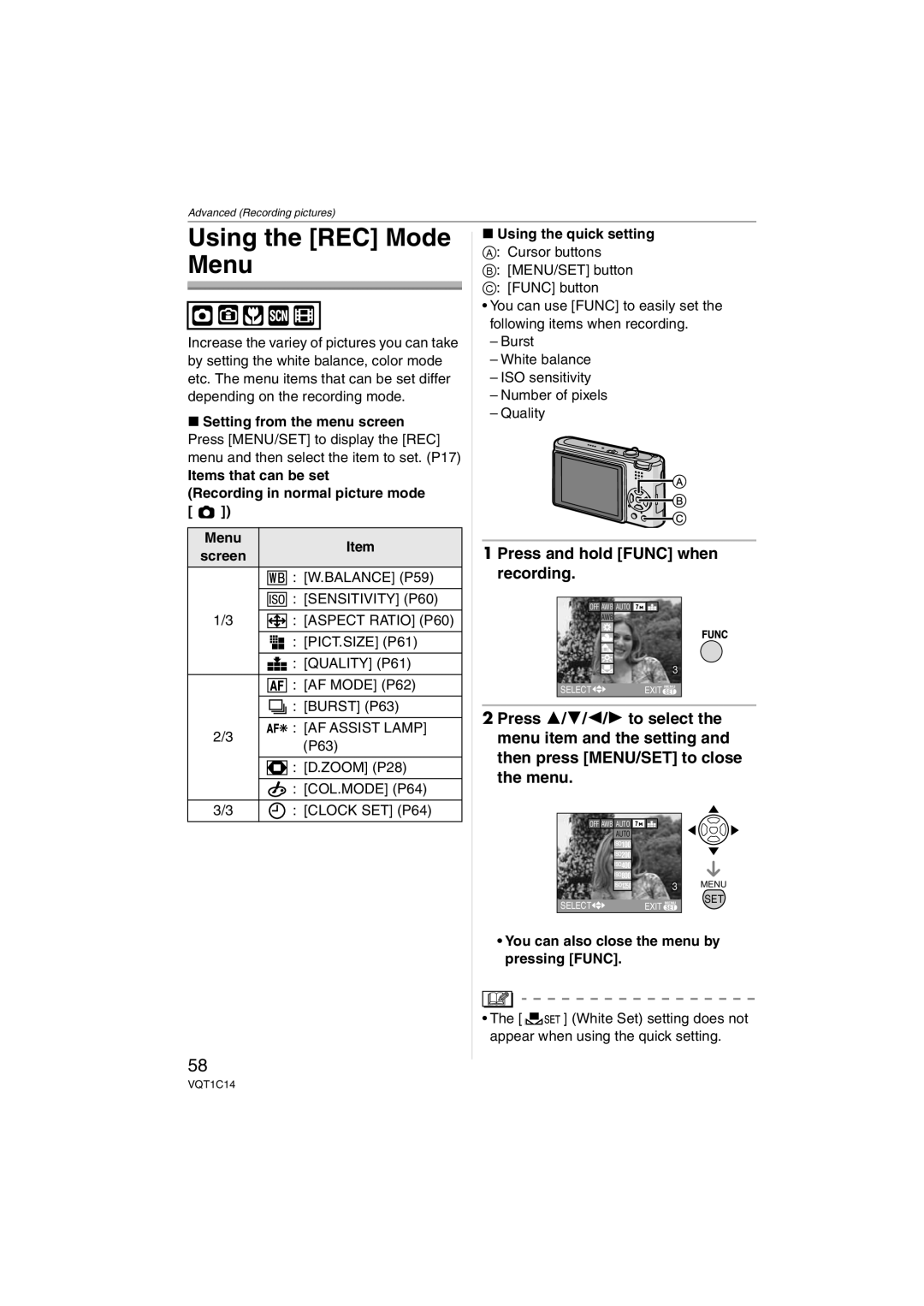 Panasonic DMCFX12S, DMC-FX12, DMC-FX10 Using the REC Mode Menu, Press and hold Func when recording, Using the quick setting 