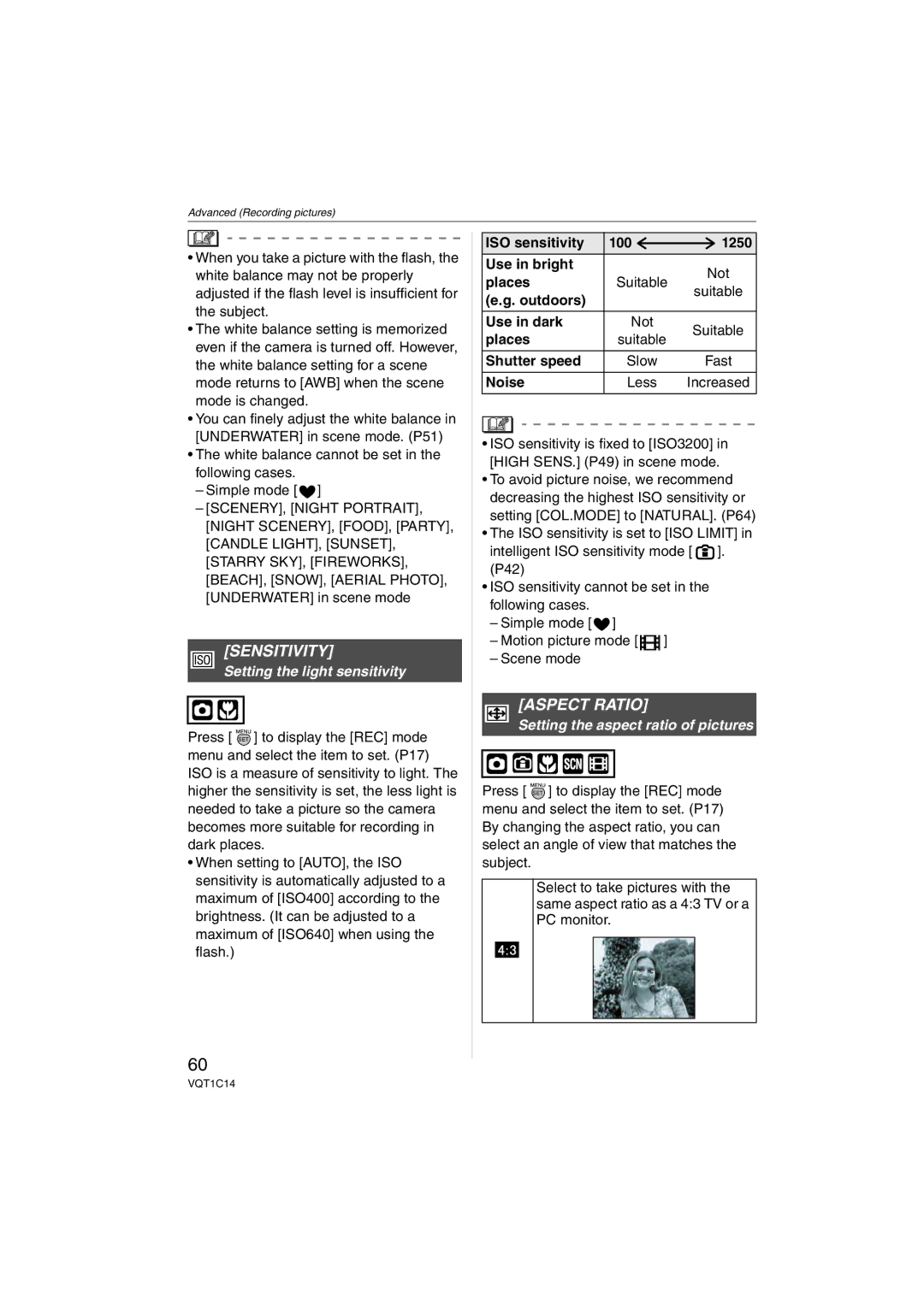 Panasonic DMC-FX12 Sensitivity, Aspect Ratio, Setting the light sensitivity, Noise, Setting the aspect ratio of pictures 