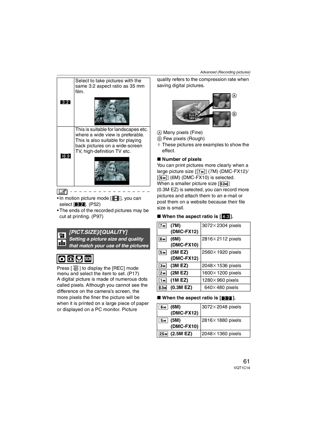 Panasonic DMC-FX10, DMC-FX12, DMCFX12S, DMCFX12K operating instructions Pict.Size/Quality 