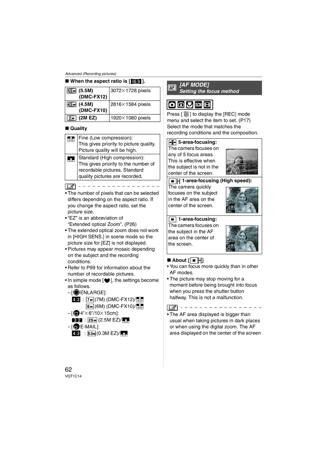 Panasonic DMCFX12S, DMC-FX12, DMC-FX10, DMCFX12K AF Mode, Setting the focus method, Area-focusing High speed, About 