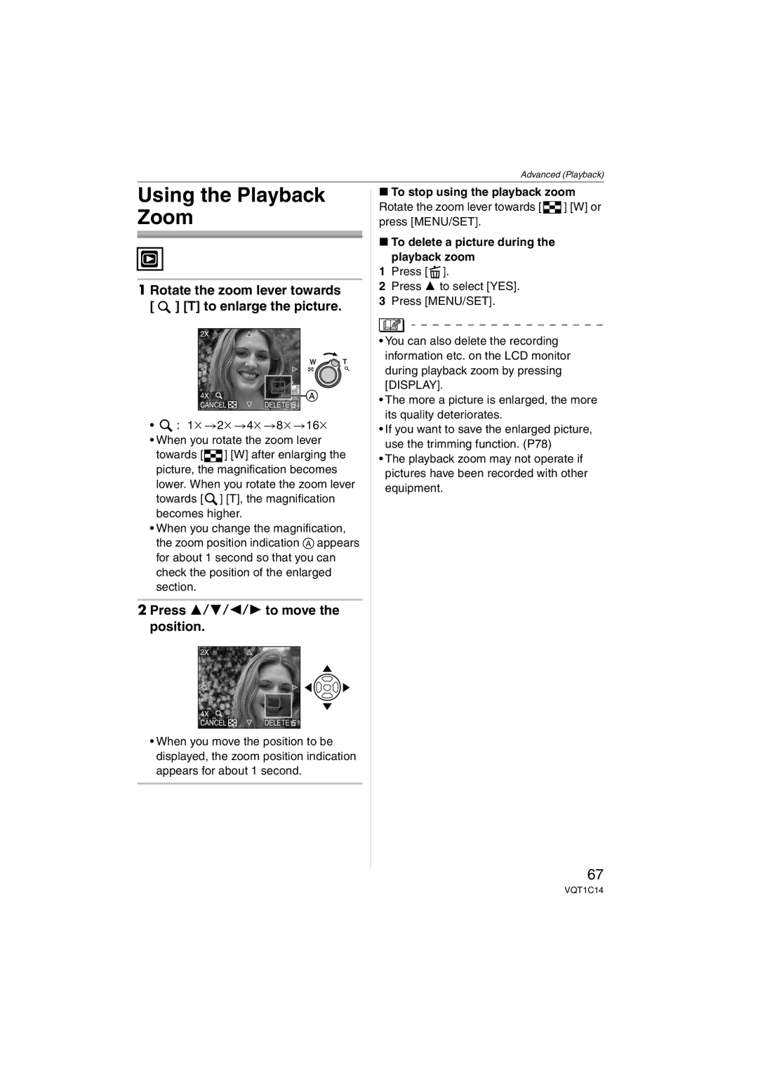 Panasonic DMCFX12K, DMC-FX12, DMC-FX10 Using the Playback Zoom, Rotate the zoom lever towards T to enlarge the picture 