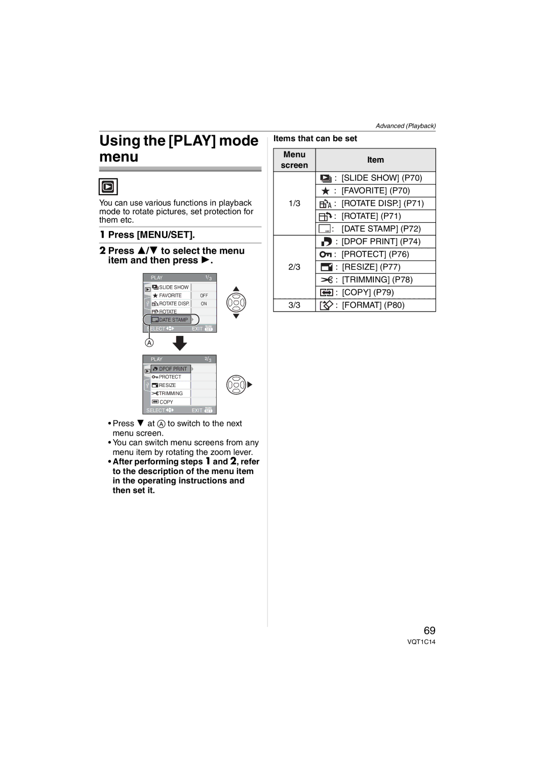 Panasonic DMC-FX10, DMC-FX12, DMCFX12S, DMCFX12K operating instructions Using the Play mode menu 