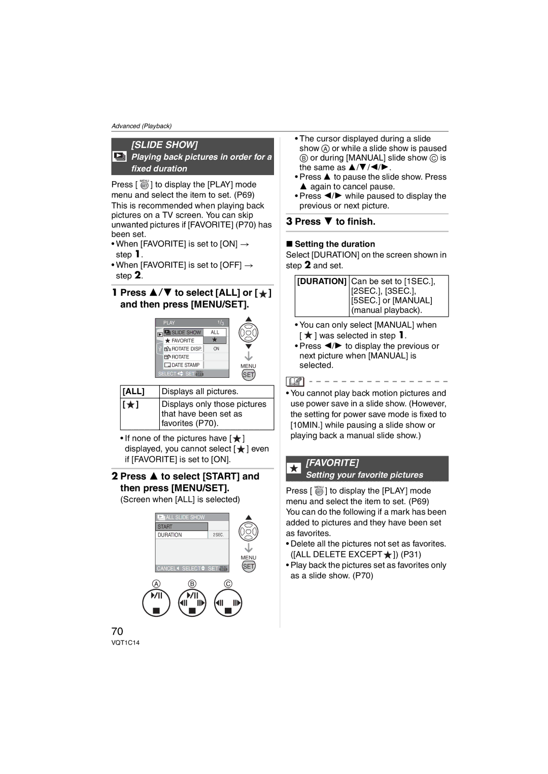 Panasonic DMCFX12S, DMC-FX12 Slide Show, Press 3/4 to select ALL or and then press MENU/SET, Press 4 to finish, Favorite 