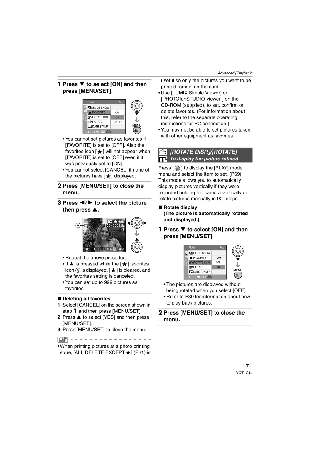 Panasonic DMCFX12K, DMC-FX12, DMC-FX10, DMCFX12S Rotate DISP./ROTATE, Deleting all favorites, To display the picture rotated 