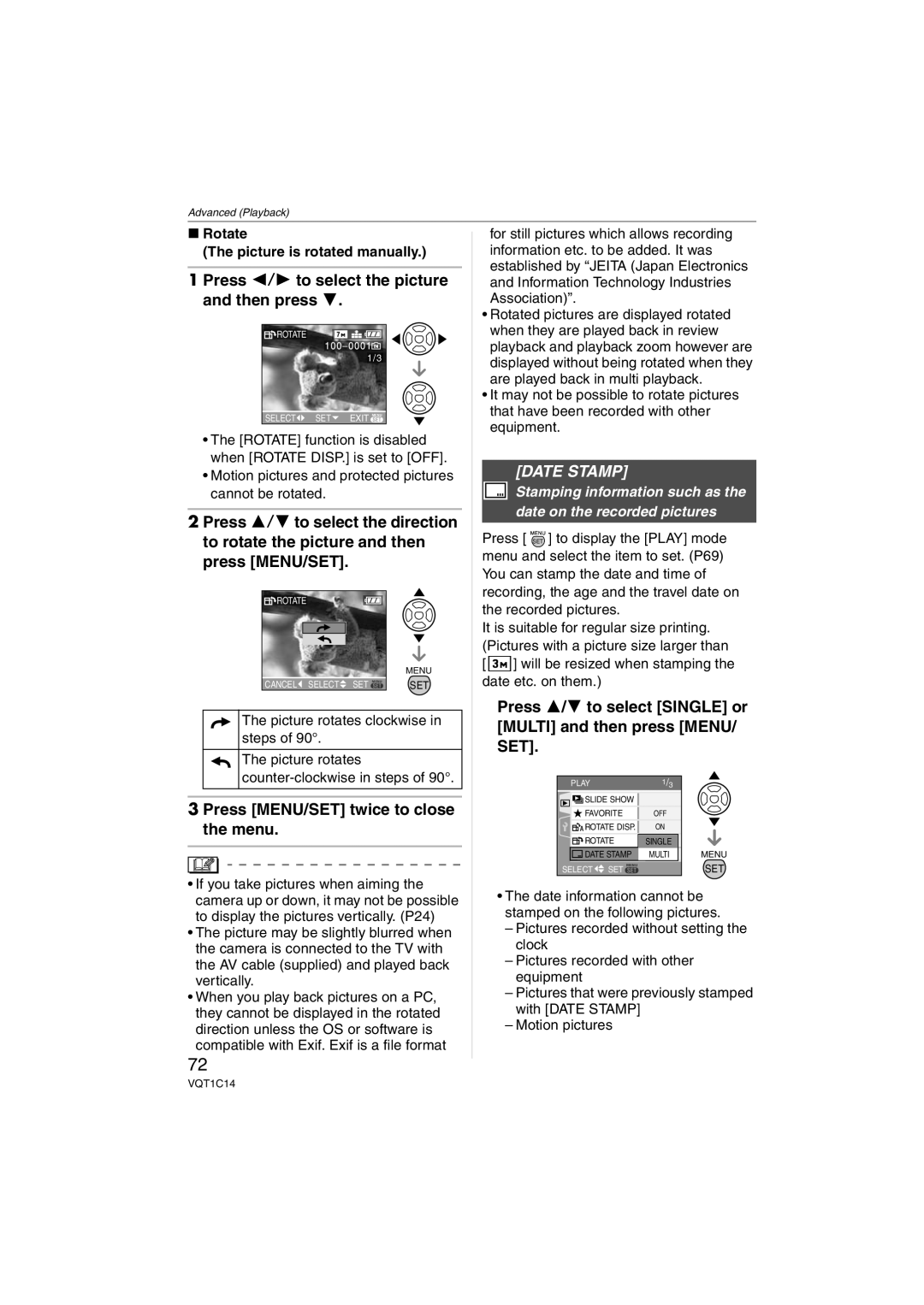 Panasonic DMC-FX12 Press 2/1 to select the picture and then press, Press MENU/SET twice to close the menu, Date Stamp 