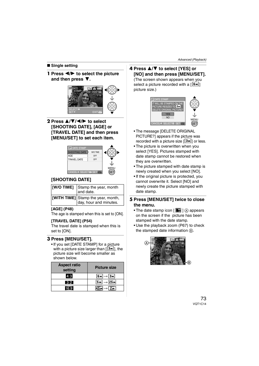 Panasonic DMC-FX10, DMC-FX12, DMCFX12S, DMCFX12K Press 3/4 to select YES or no and then press MENU/SET, With Time 