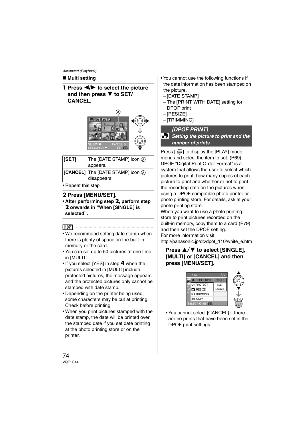 Panasonic DMCFX12S, DMC-FX12, DMC-FX10, DMCFX12K Dpof Print, Multi setting, Selected, Print with Date setting for Dpof print 