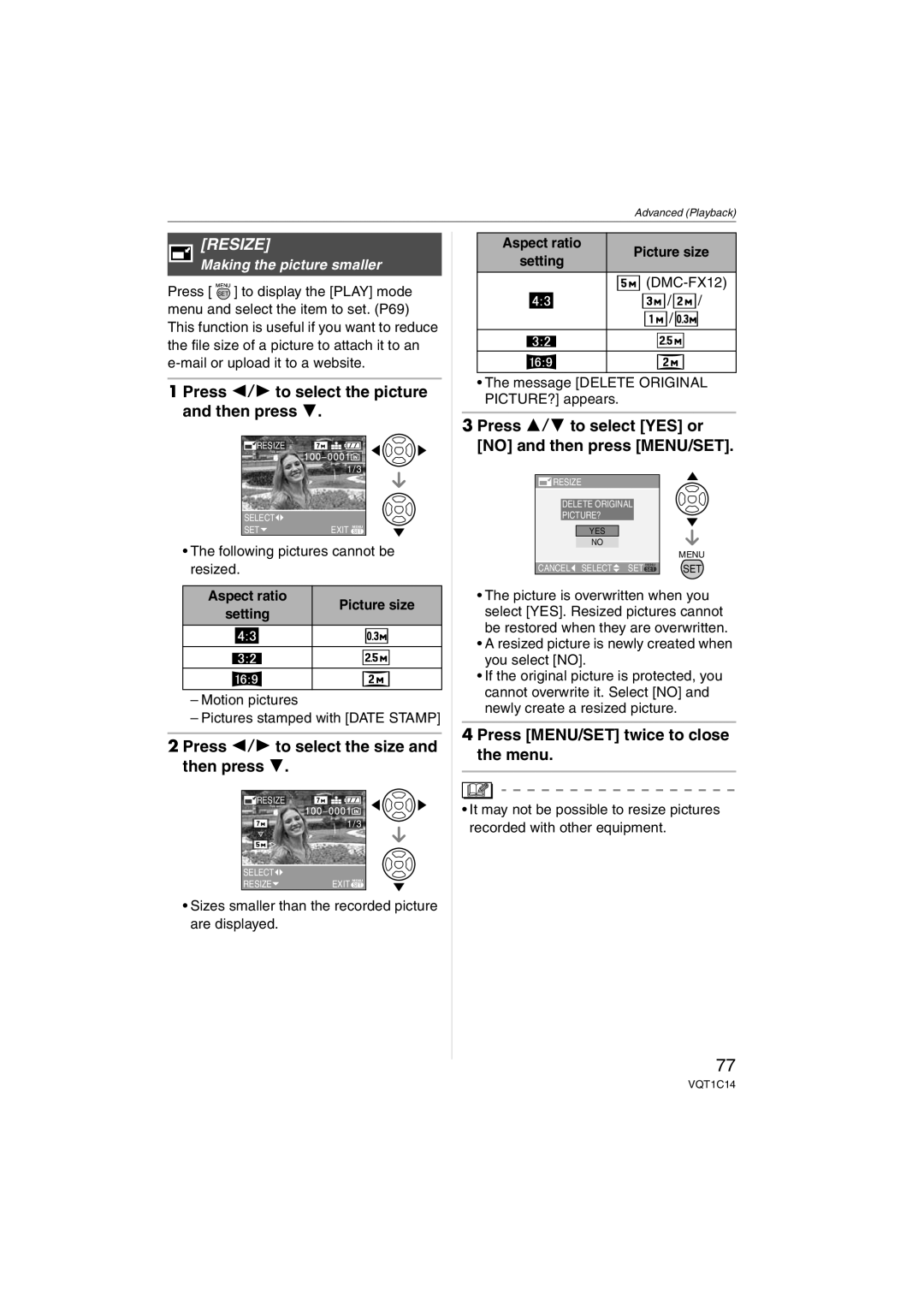 Panasonic DMC-FX10, DMC-FX12, DMCFX12S Resize, Press 2/1 to select the size and then press, Making the picture smaller 