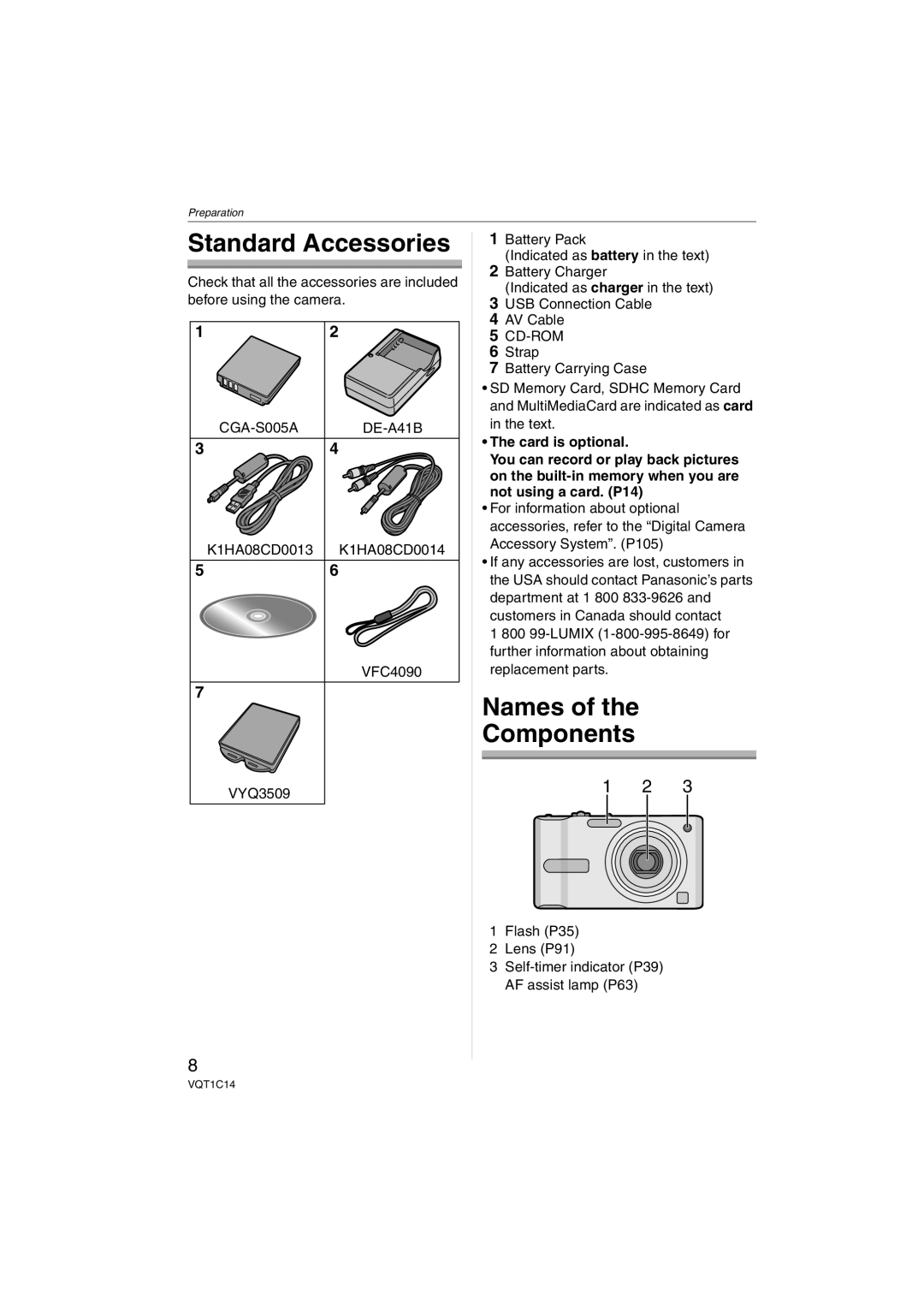 Panasonic DMC-FX12 Standard Accessories, Names Components, DE-A41B, K1HA08CD0013 K1HA08CD0014 VFC4090, Card is optional 