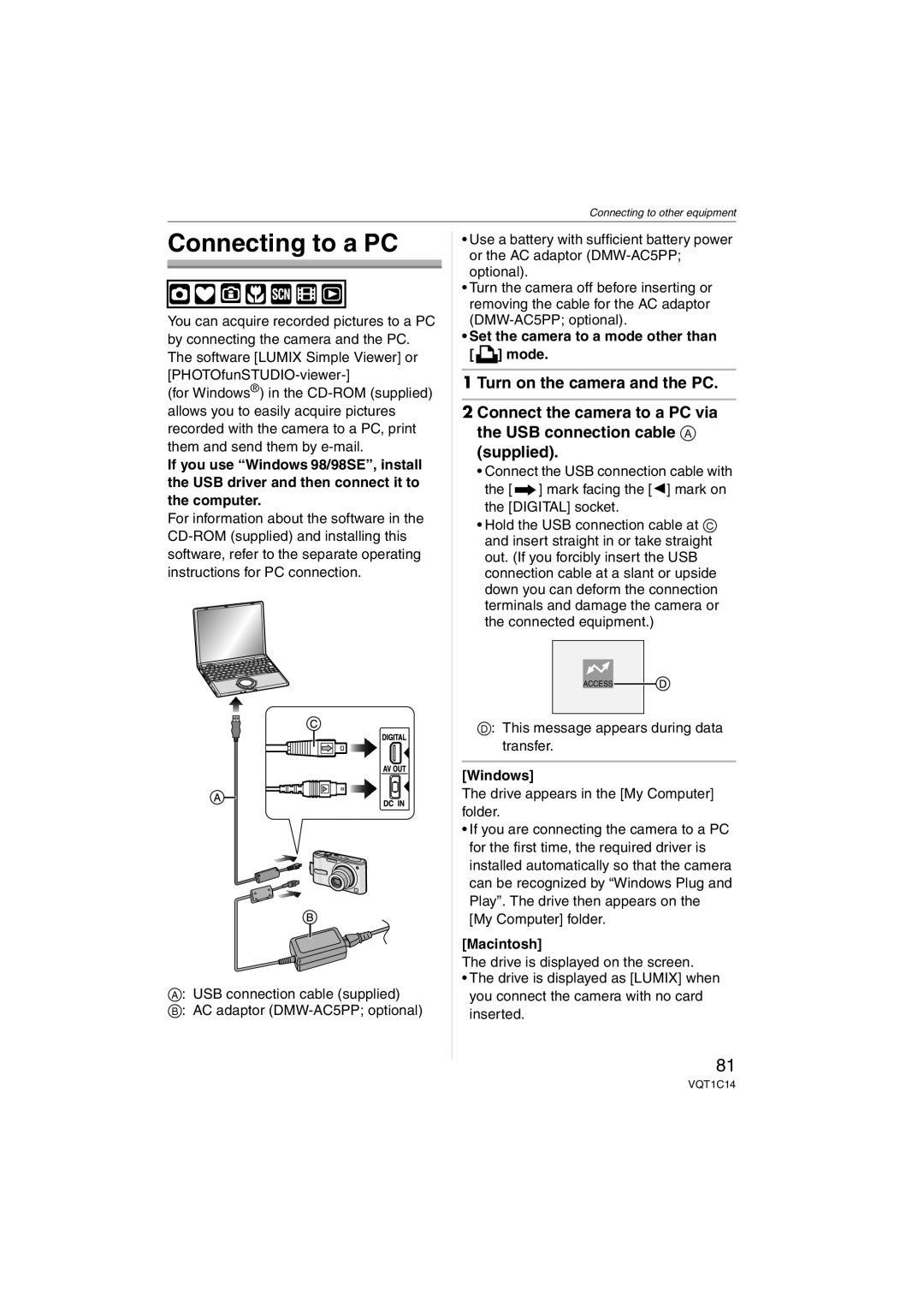 Panasonic DMC-FX10 Connecting to a PC, Set the camera to a mode other than mode, This message appears during data transfer 