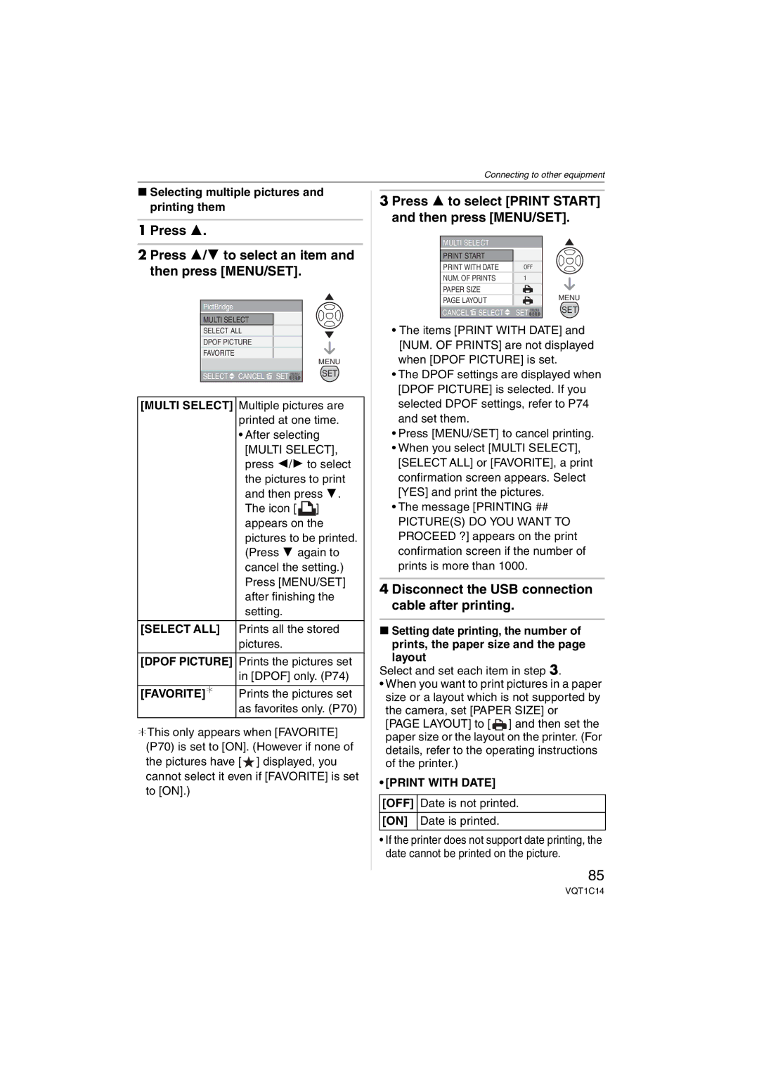 Panasonic DMC-FX10, DMC-FX12 Press Press 3/4 to select an item and then press MENU/SET, Favorite¢, Print with Date OFF 