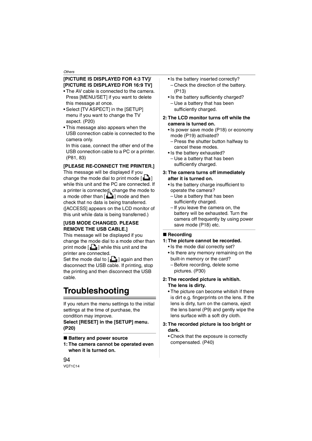 Panasonic DMCFX12S, DMC-FX12 Troubleshooting, Please RE-CONNECT the Printer, USB Mode CHANGED. Please Remove the USB Cable 