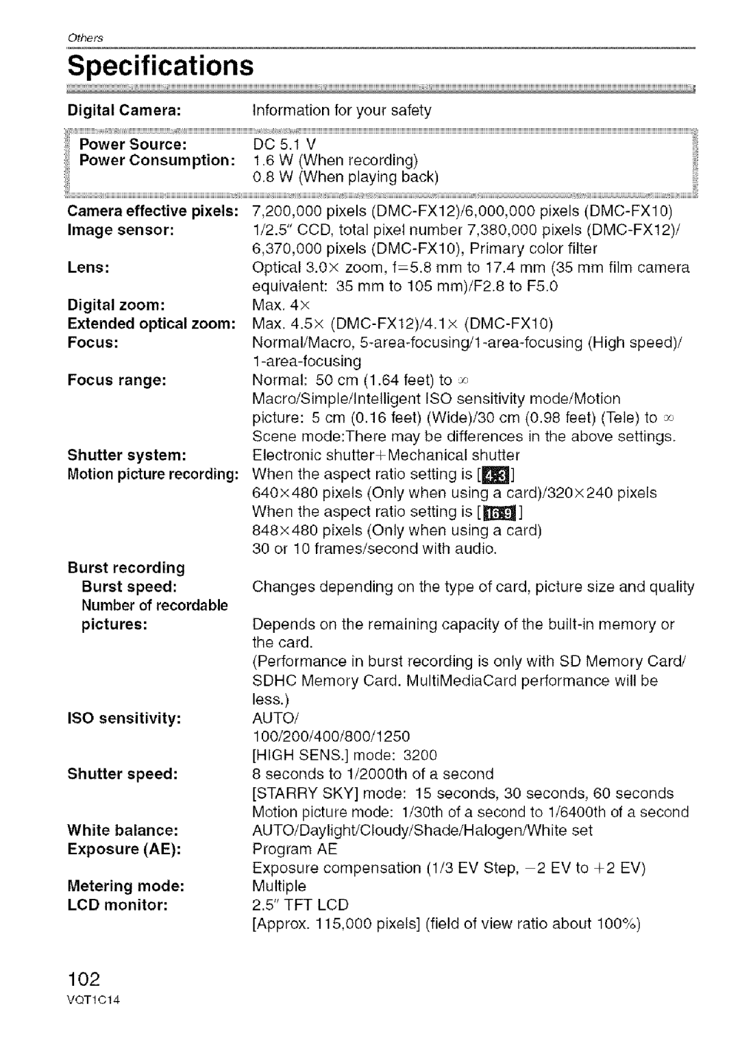 Panasonic DMC-FX12, DMC-FX10 operating instructions Specifications, 102 