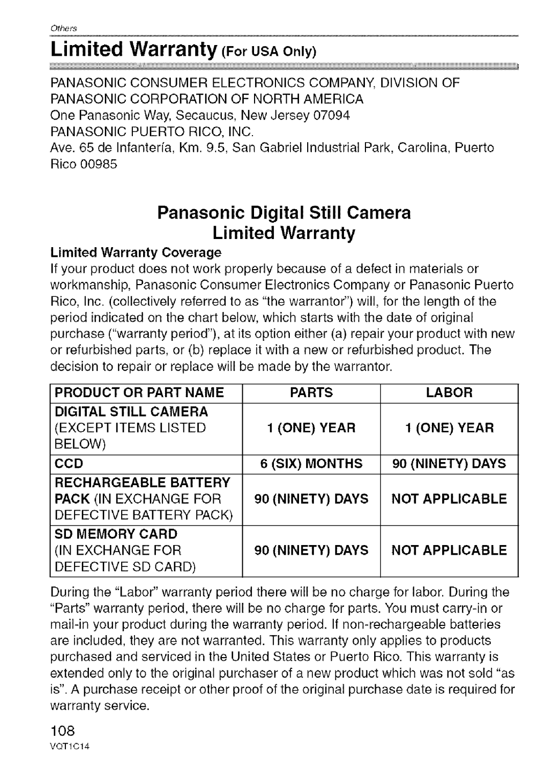 Panasonic DMC-FX12, DMC-FX10 Limited Warranty For USA Only, Panasonic Digital Still Camera Limited Warranty 