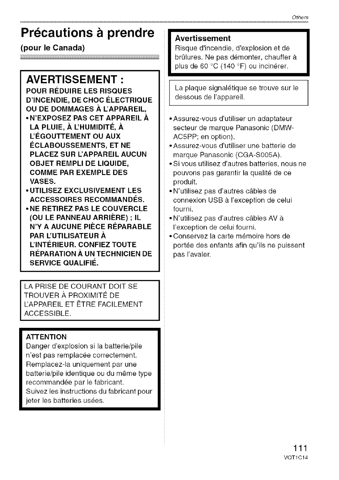 Panasonic DMC-FX10, DMC-FX12 Precautions a prendre, 111, Pour le Canada, LA PLUIE, h. LRUMIDITI, a, Avertissement 