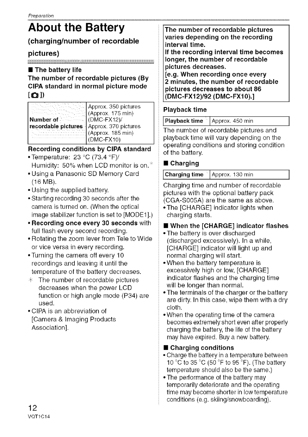 Panasonic DMC-FX12 About the Battery, Number of recordable pictures, Playback time, Charging time IApprox, 130 min 