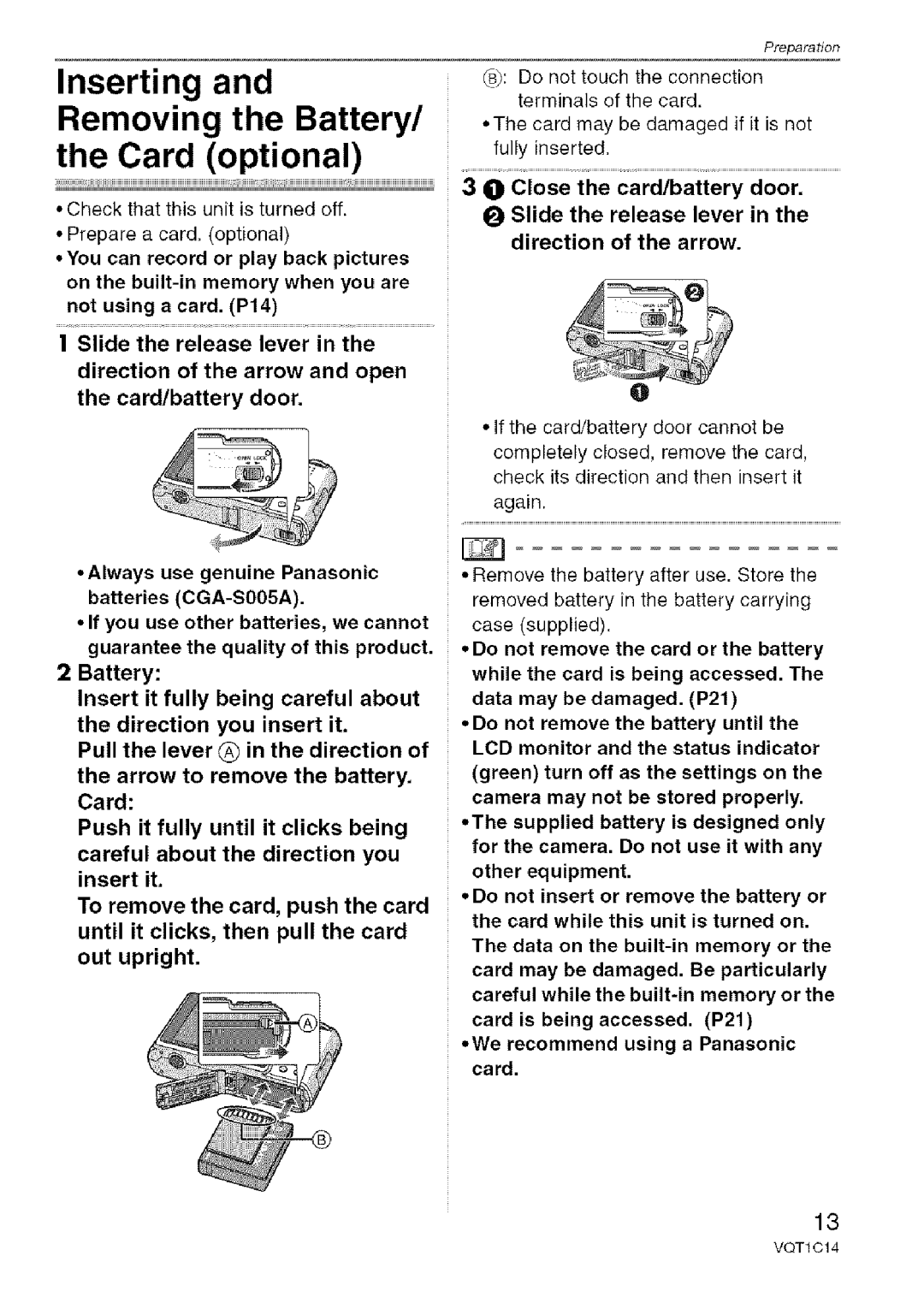 Panasonic DMC-FX10, DMC-FX12 operating instructions Card optional, Inserting and Removing the Battery 