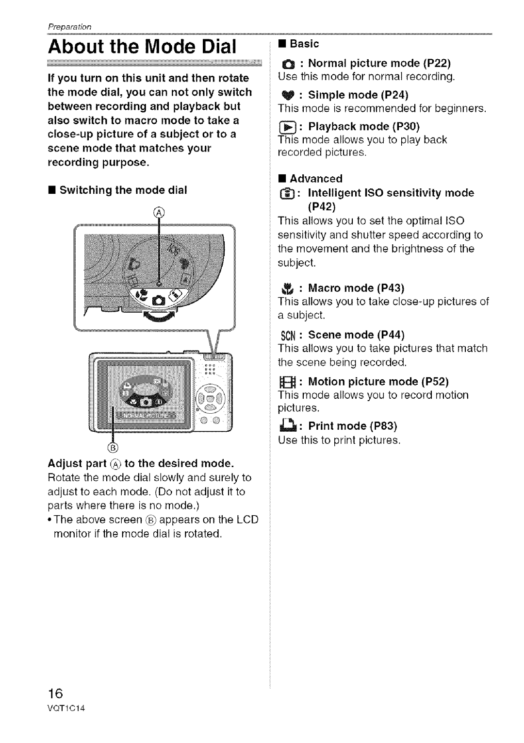 Panasonic DMC-FX12 About the Mode Dial, Playback mode P30, Advanced Intelligent ISO sensitivity mode P42, Macro mode P43 