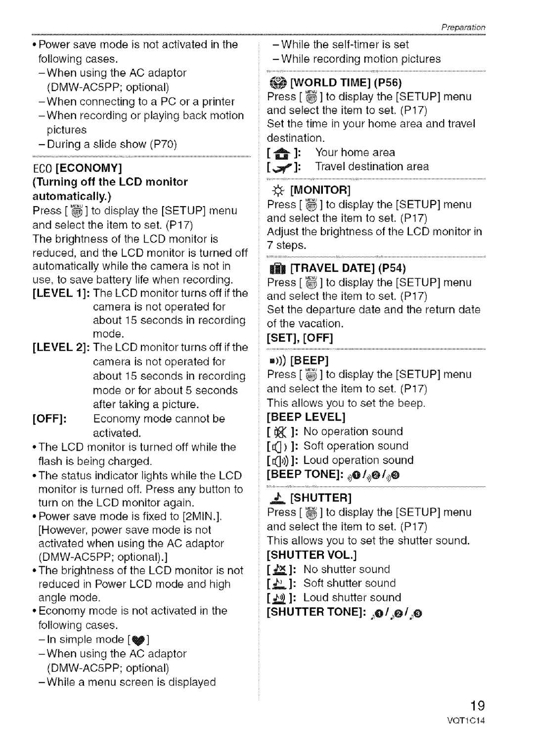 Panasonic DMC-FX10, DMC-FX12 operating instructions World Time P56, Monitor, =Beep, Beep Level 