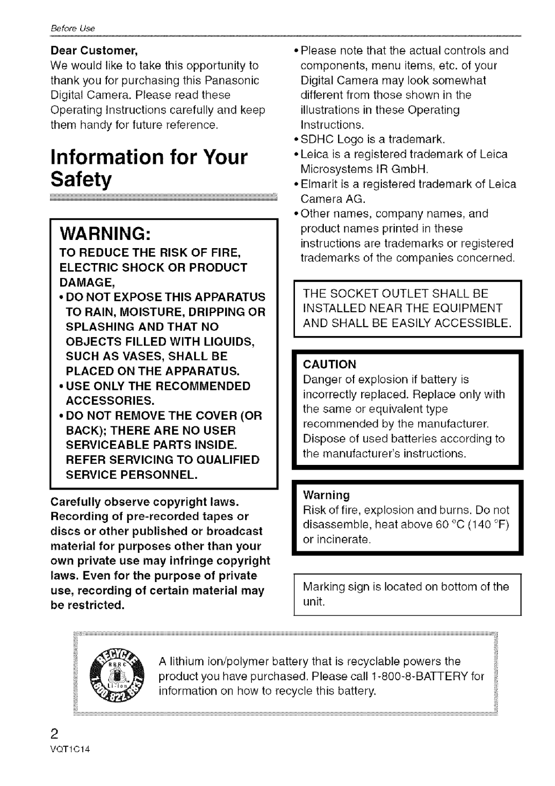 Panasonic DMC-FX12, DMC-FX10 operating instructions Information for Your Safety 