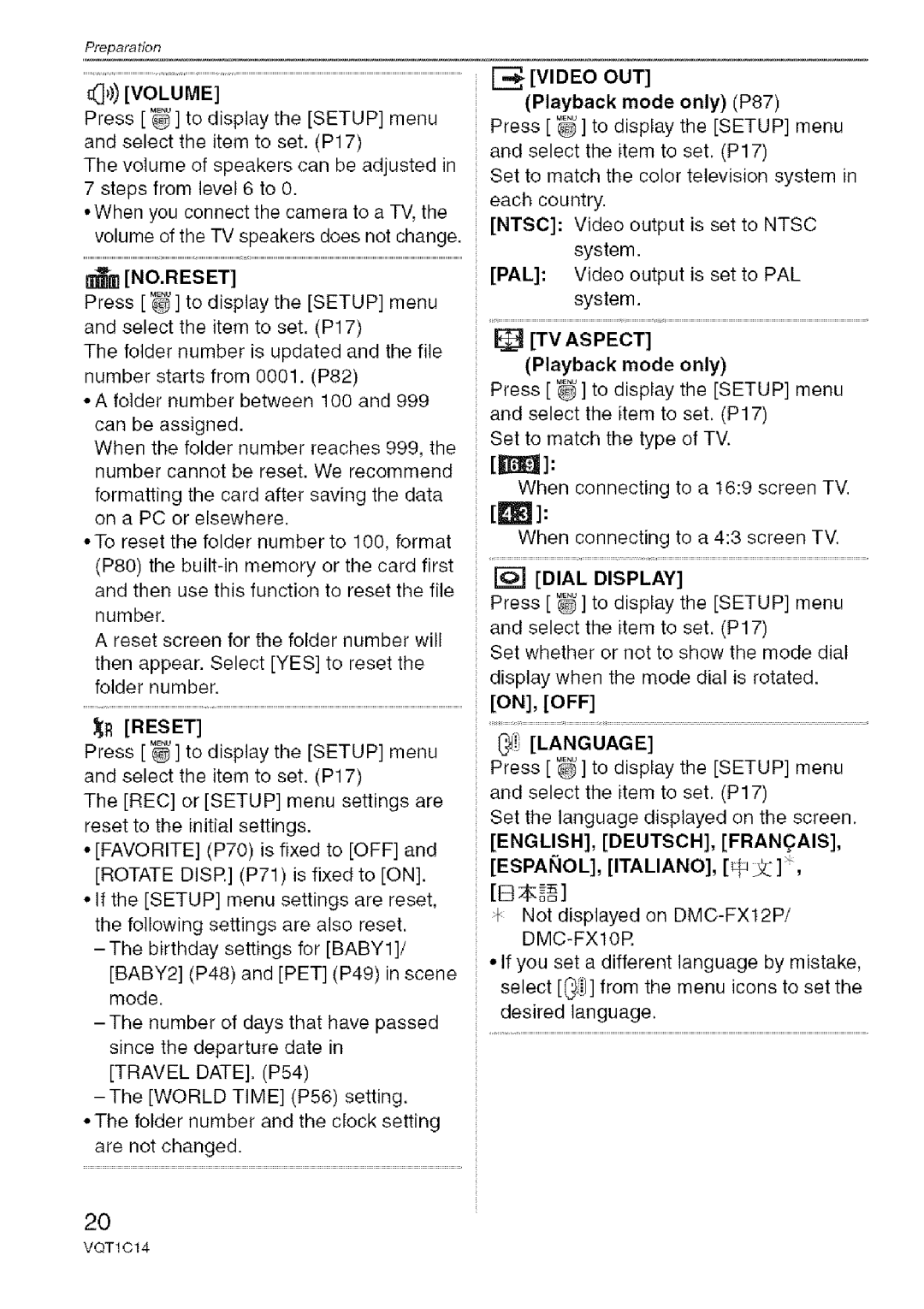 Panasonic DMC-FX12, DMC-FX10 operating instructions Reset, Video OUT, TV Aspect, @J Language 