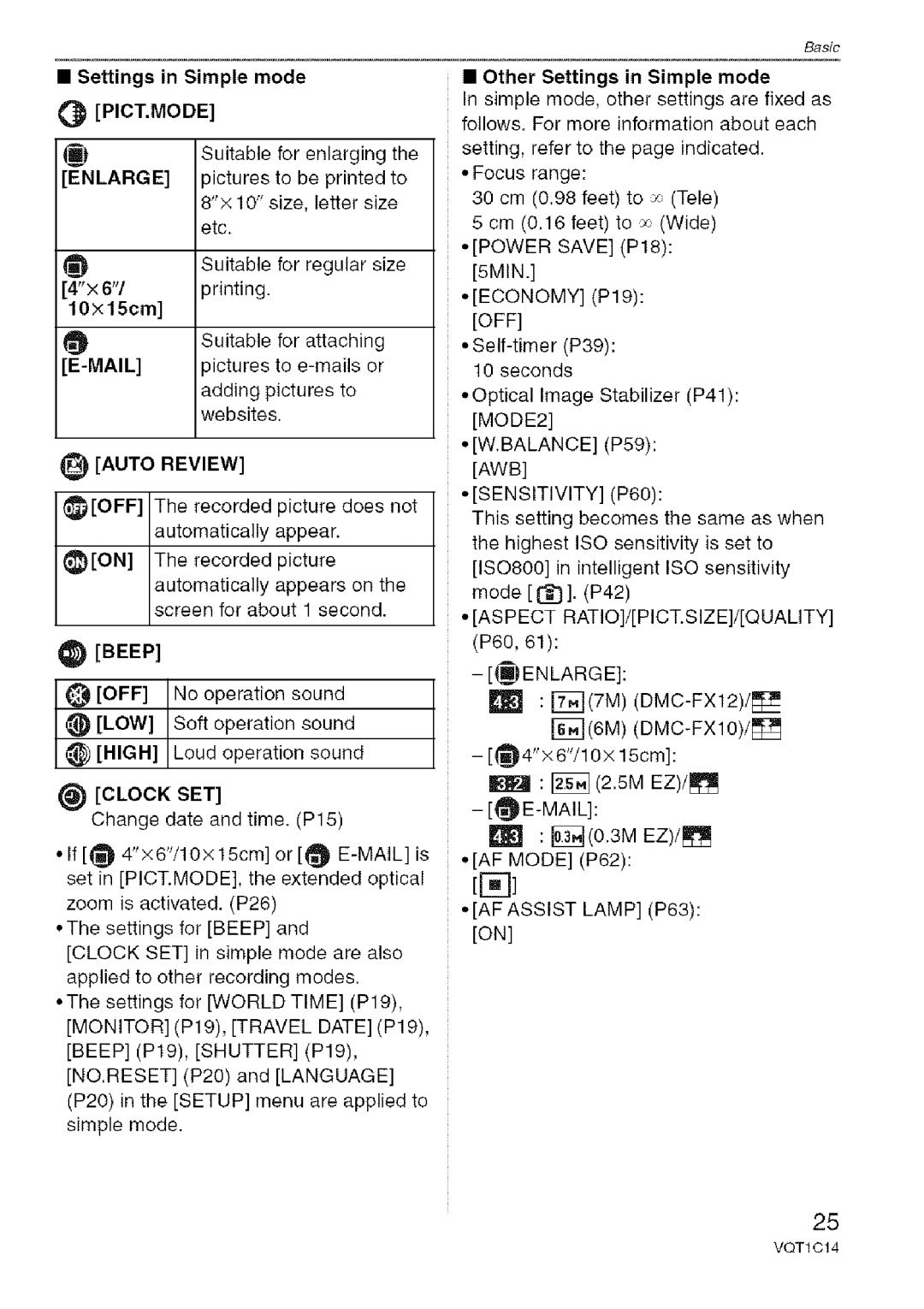 Panasonic DMC-FX10, DMC-FX12 Settings in Simple mode PICT.MODE, Auto Review, Other Settings in Simple mode 