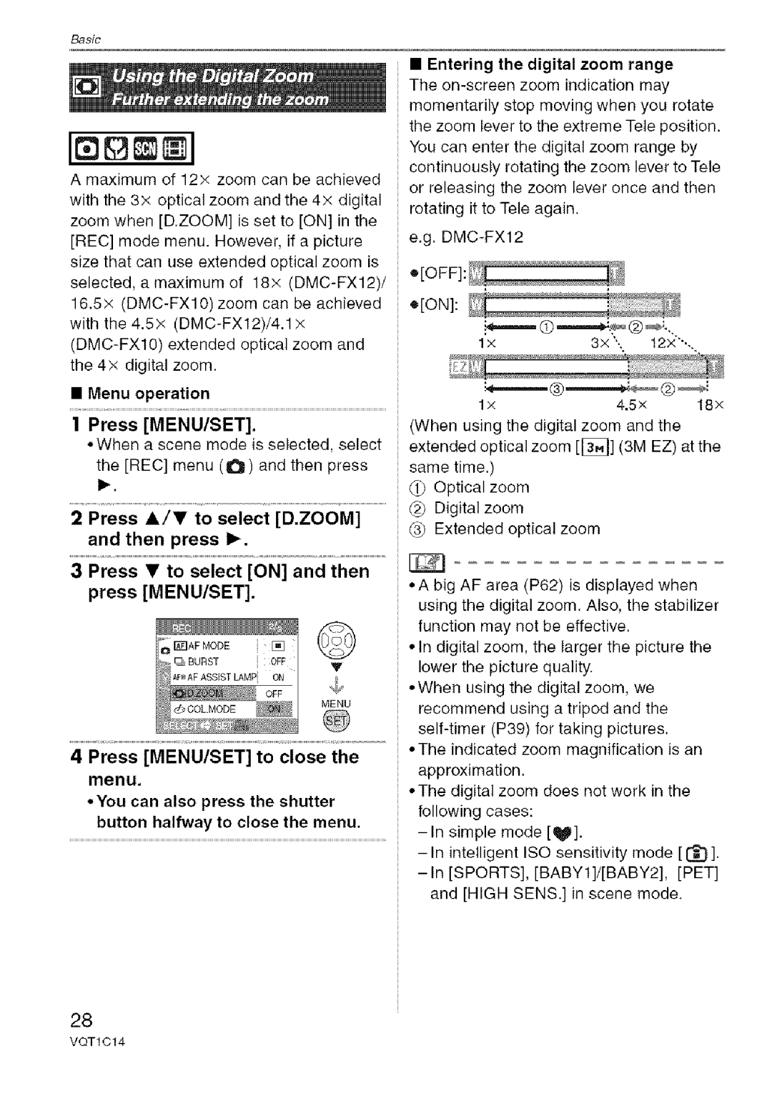 Panasonic DMC-FX12, DMC-FX10 operating instructions Menu operation Press MENU/SET 