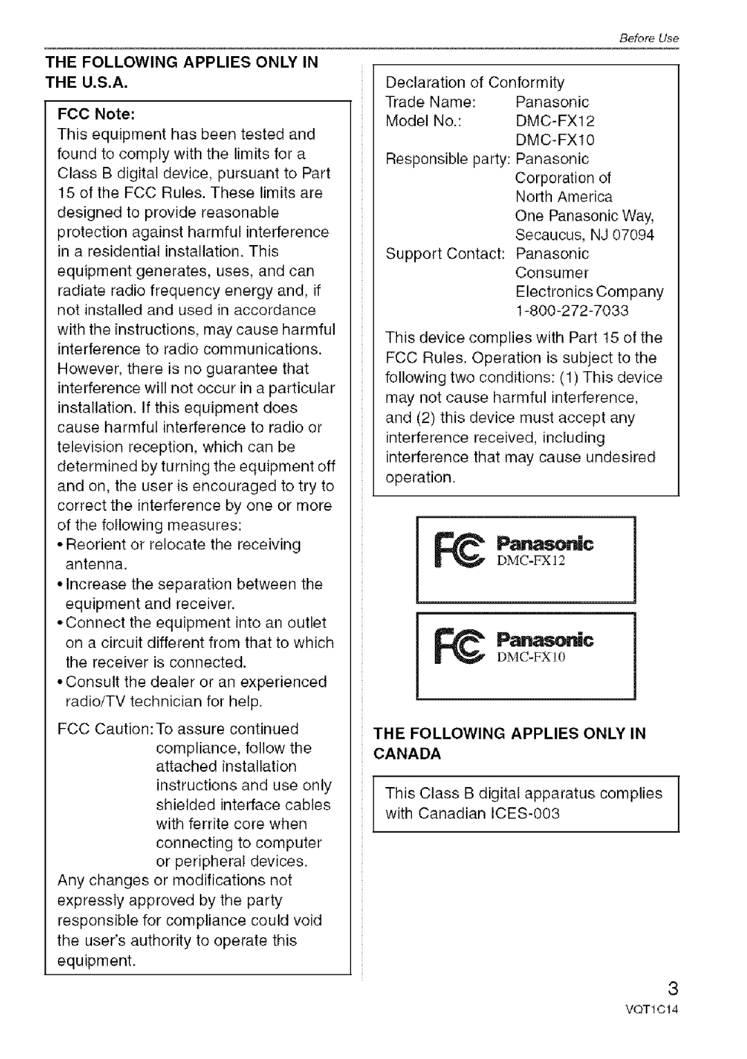 Panasonic DMC-FX10, DMC-FX12 Following Applies only in the U.S.A, DMC-FX1O, Following Applies only in Canada 