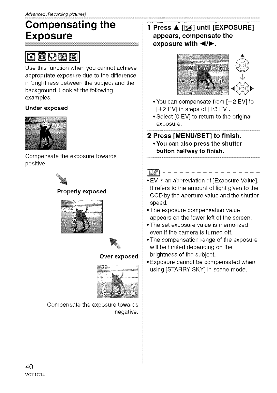 Panasonic DMC-FX12, DMC-FX10 operating instructions Compensating the Exposure, Underexposed, Properly exposed Overexposed 