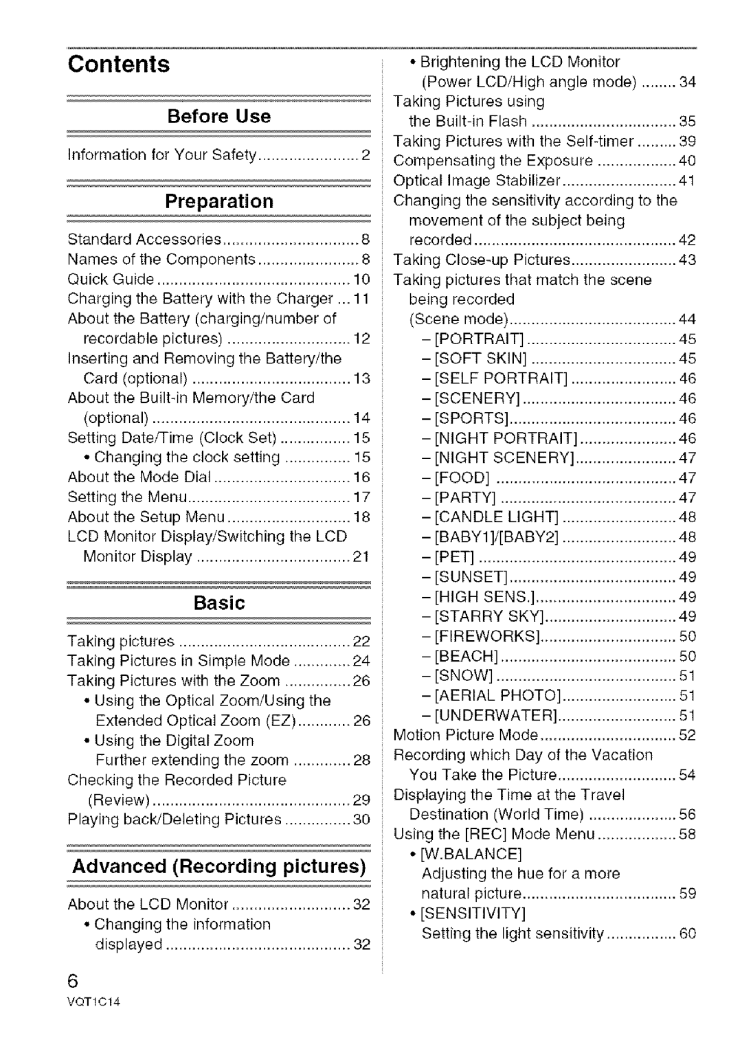 Panasonic DMC-FX12, DMC-FX10 operating instructions Contents 