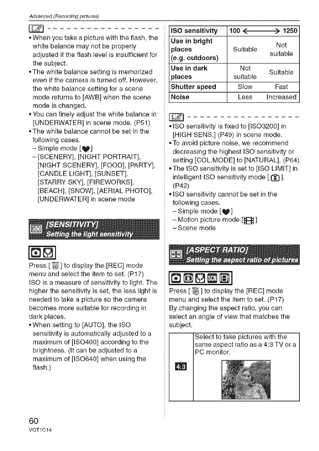 Panasonic DMC-FX12, DMC-FX10 operating instructions Iso, Sensitivity 100 1250 Use Bright 