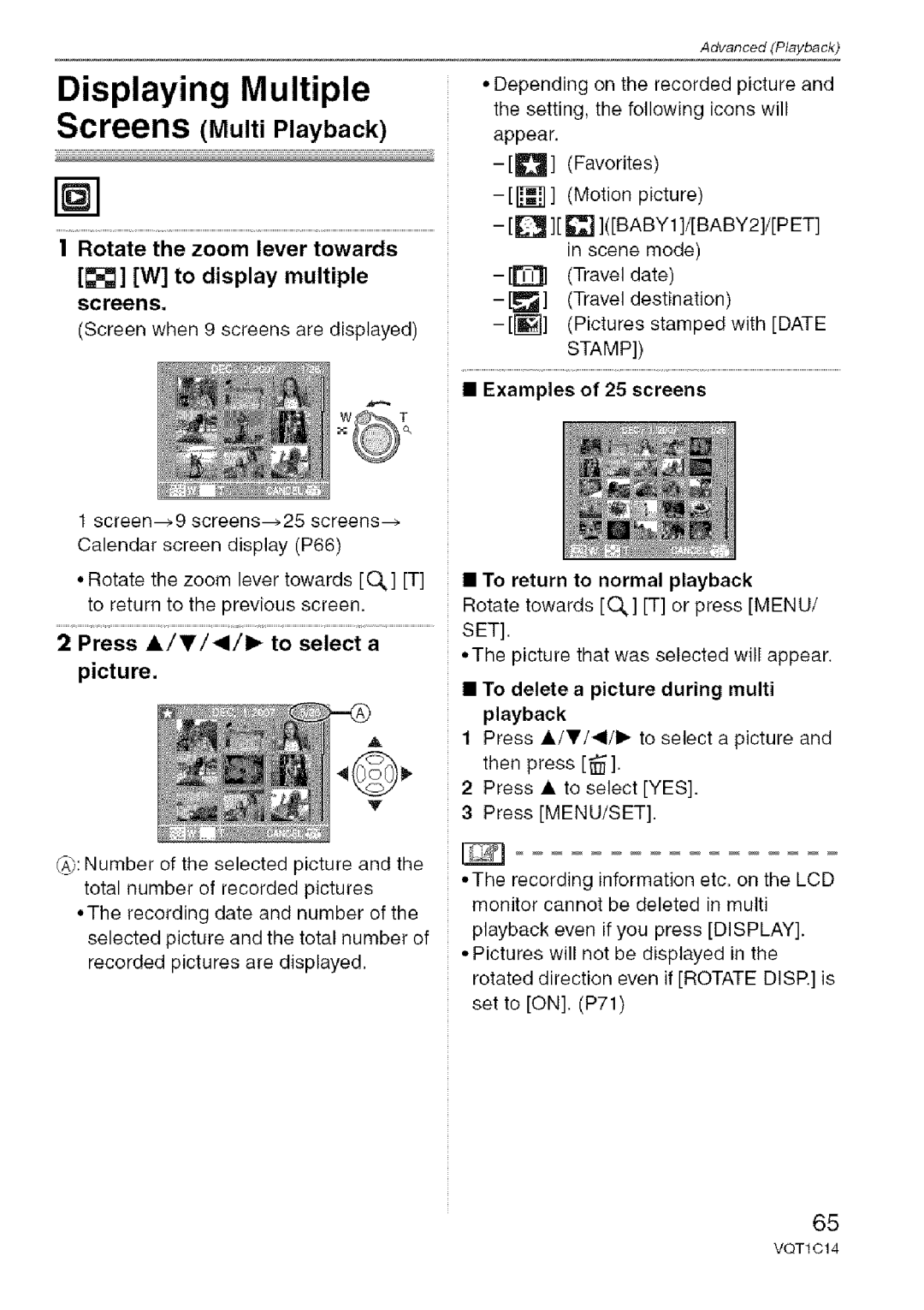 Panasonic DMC-FX10, DMC-FX12 Displaying Multiple, Rotate the zoom lever towards, Screens, Press /I/1/1 to select a Picture 