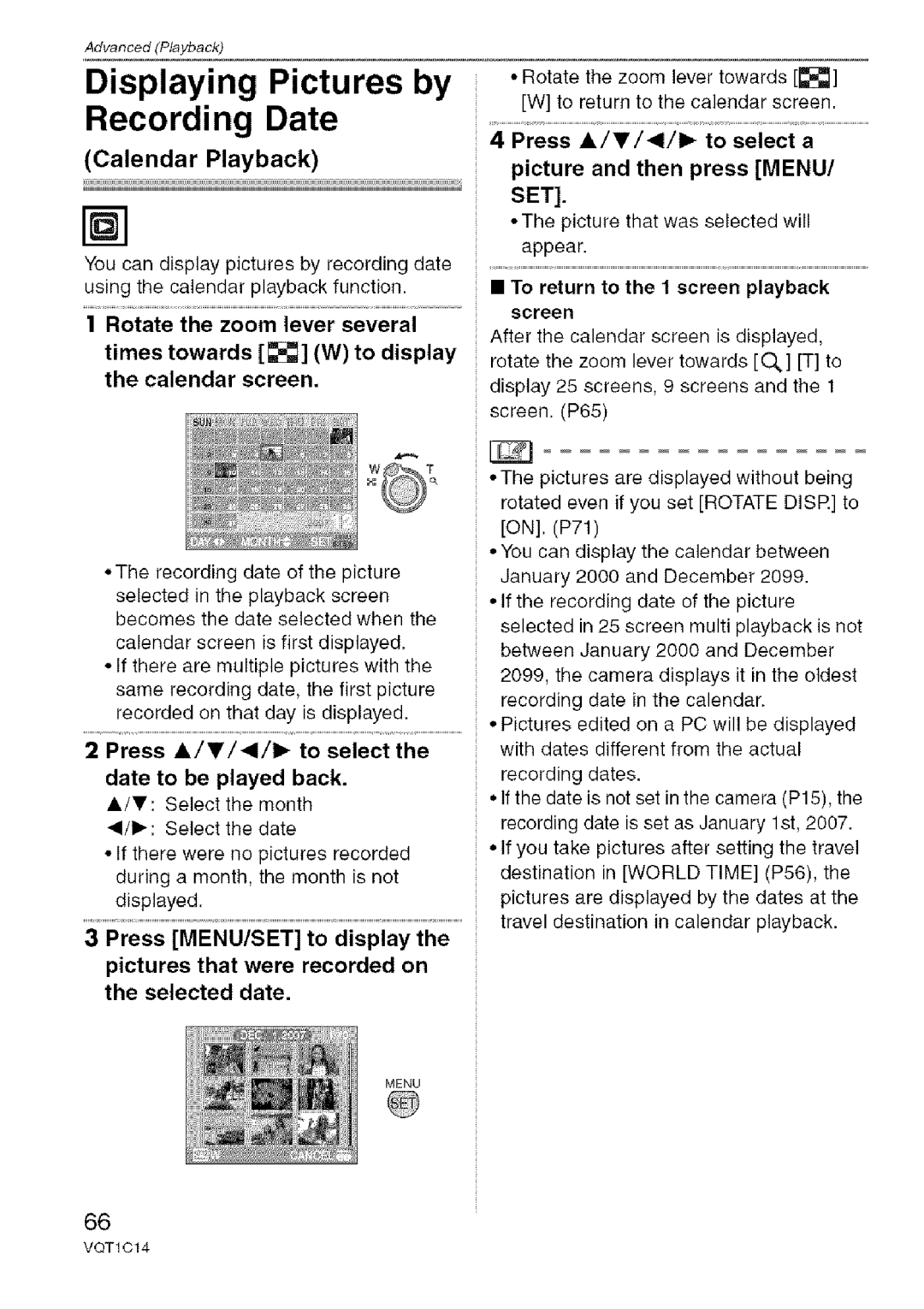 Panasonic DMC-FX12, DMC-FX10 Displaying Pictures by, Press A/V/41/I to select a Picture and then press MENU/ SET 