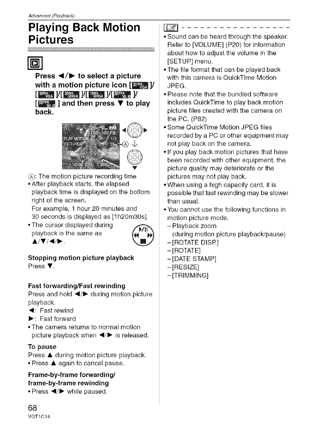 Panasonic DMC-FX12 Playing Back Motion, Stopping motion picture playback Press, Rotate Disr Date Stamp Resize Trimming 