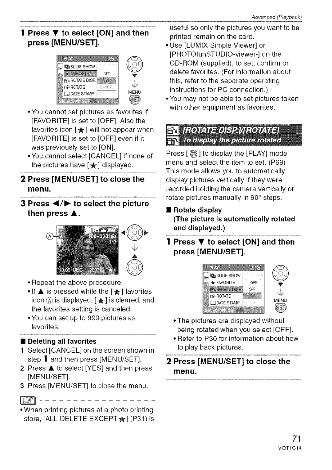 Panasonic DMC-FX10, DMC-FX12 operating instructions Press to select on and then press MENU/SET, Deleting all favorites 