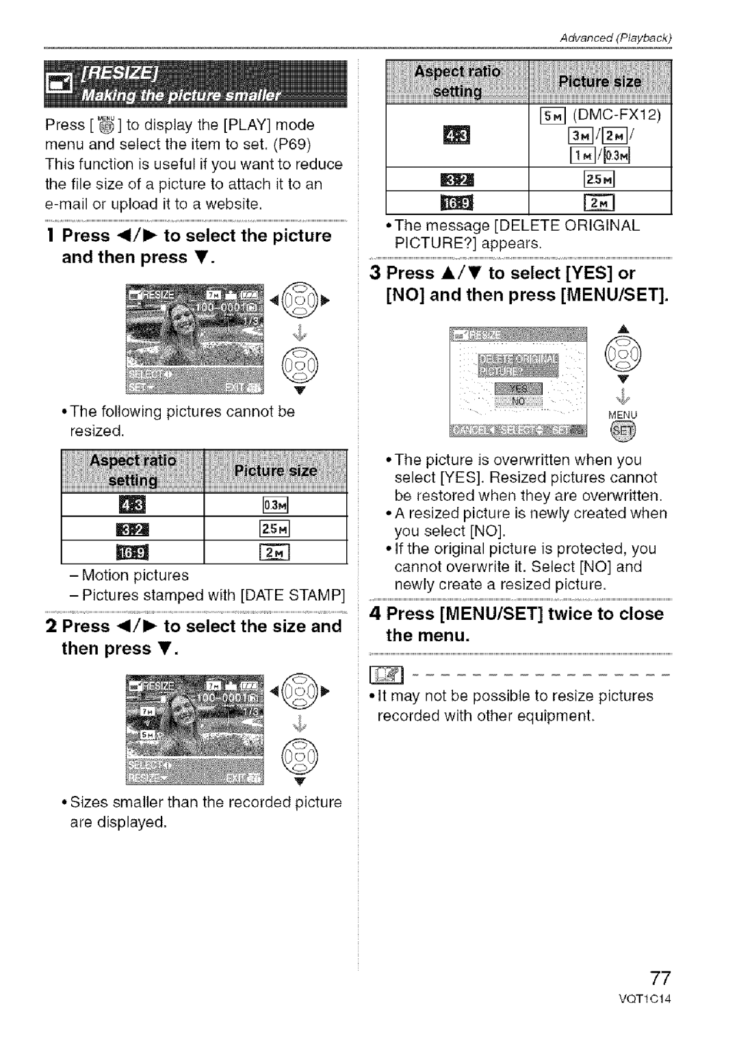 Panasonic DMC-FX10, DMC-FX12 Press 41/1 to select the picture Then press, Press 1/1 to select the size Then press, Menu 