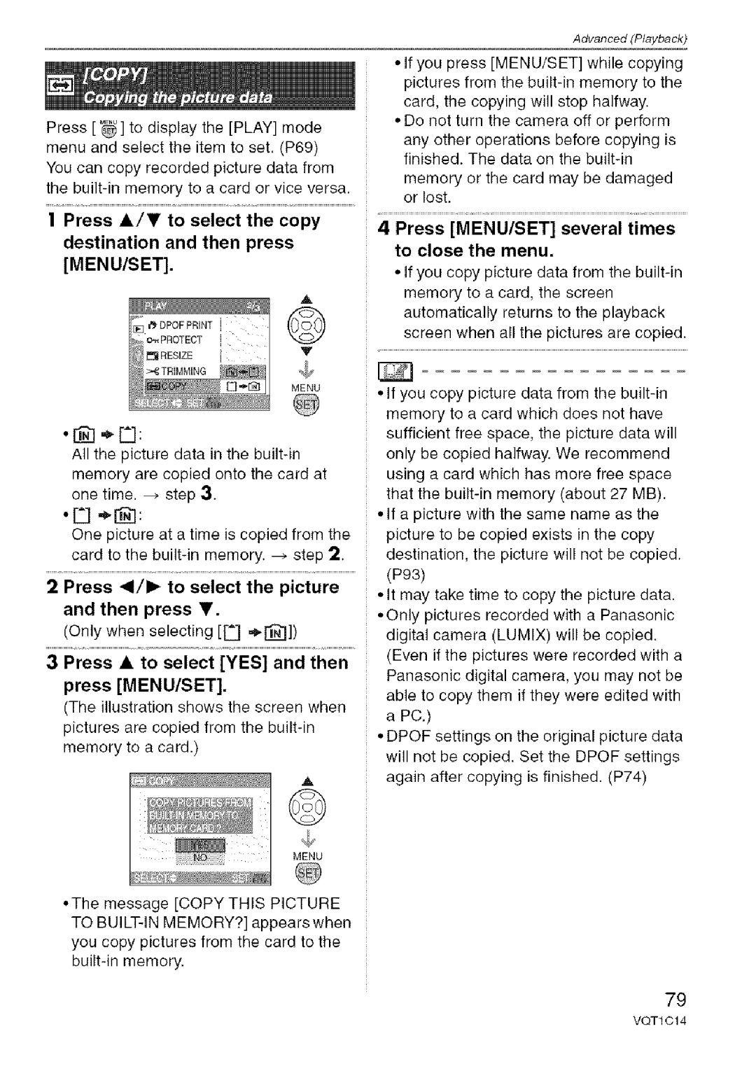 Panasonic DMC-FX10, DMC-FX12 operating instructions Press / to select the copy Destination and then press, Menu/Set 