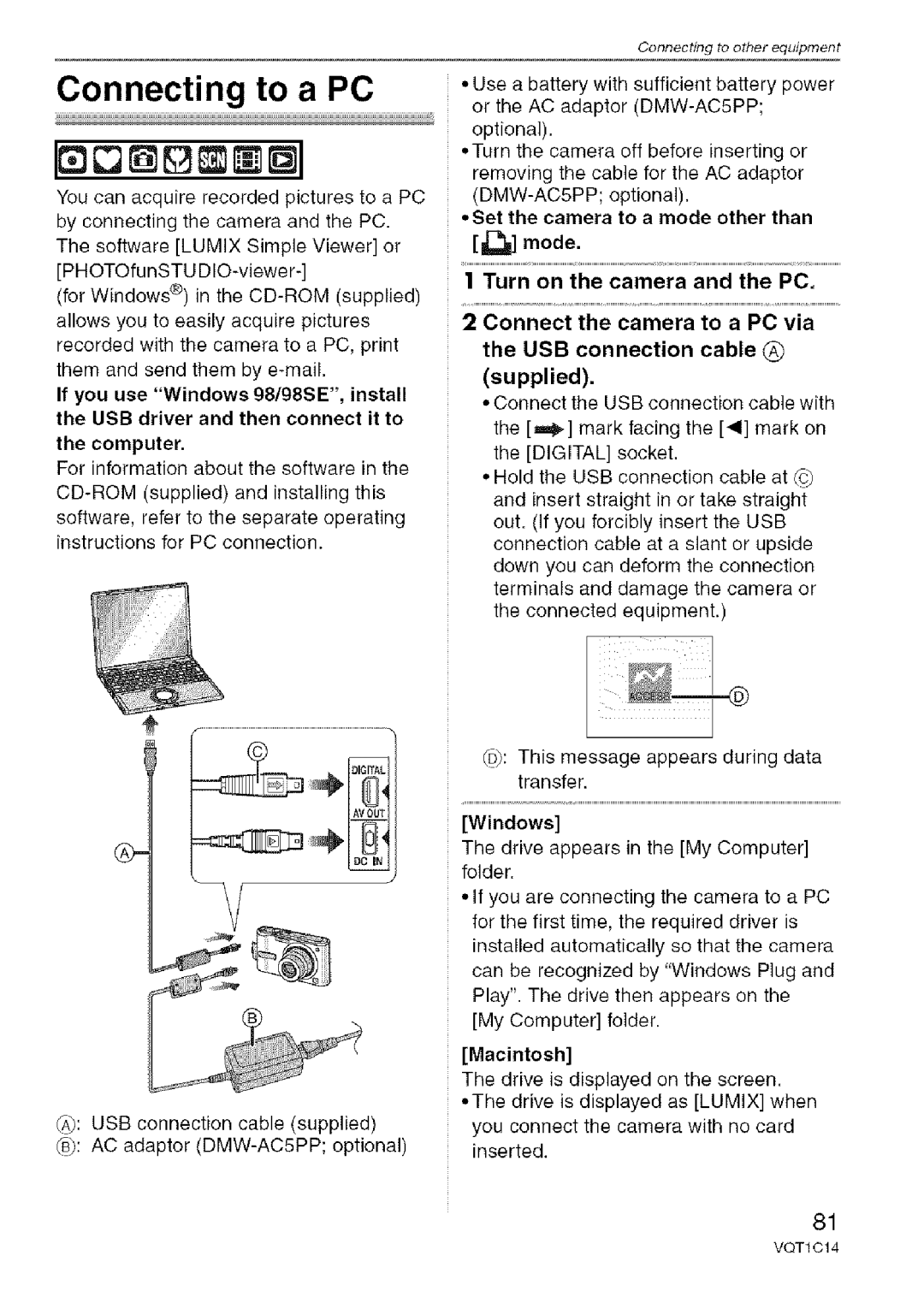 Panasonic DMC-FX10, DMC-FX12 operating instructions Connecting to a PC 