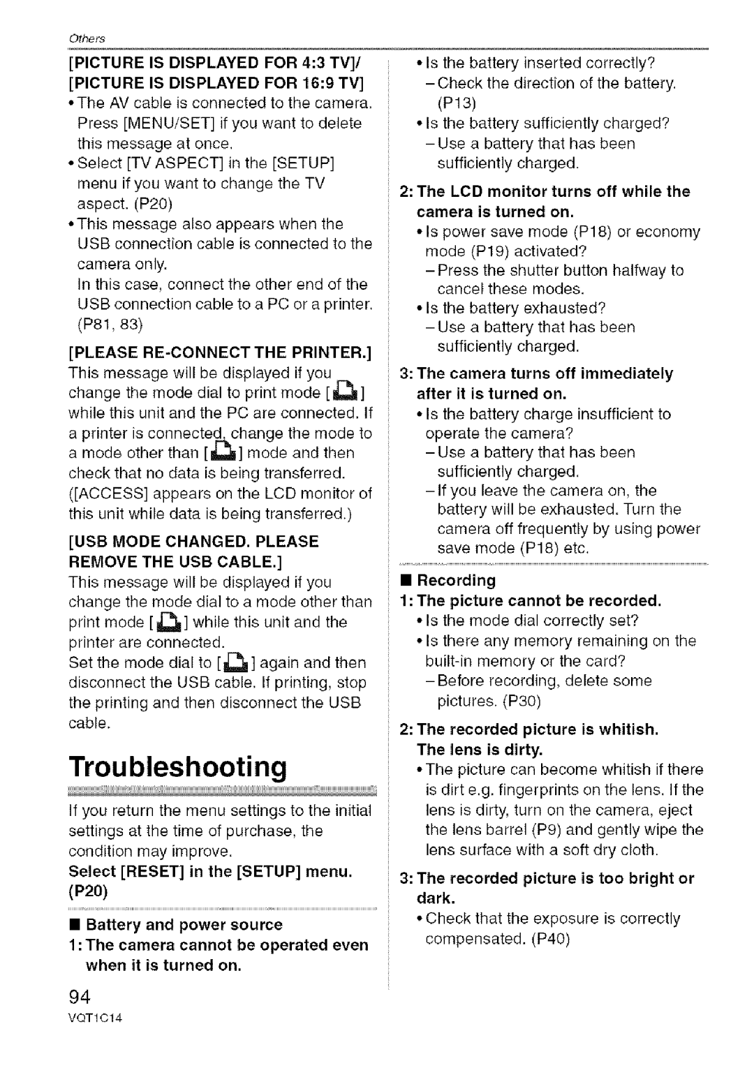 Panasonic DMC-FX12, DMC-FX10 Troubleshooting, Please RE-CONNECT the Printer, USB Mode CHANGED. Please Remove the USB Cable 