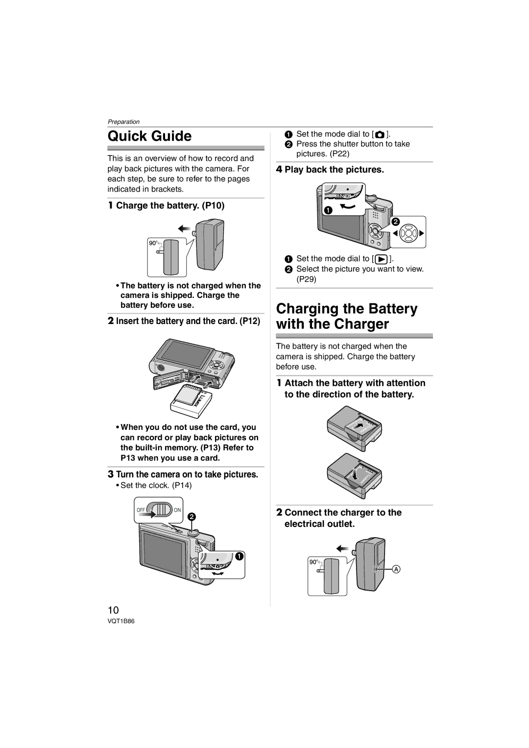 Panasonic DMC-FX30 Quick Guide, Charge the battery. P10, Insert the battery and the card. P12, Play back the pictures 