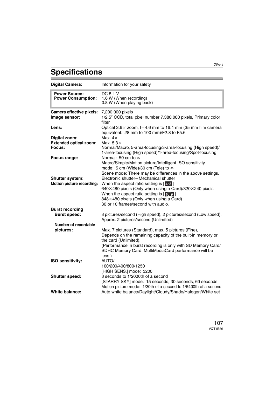 Panasonic DMCFX30K, DMC-FX30 operating instructions Specifications, 107 