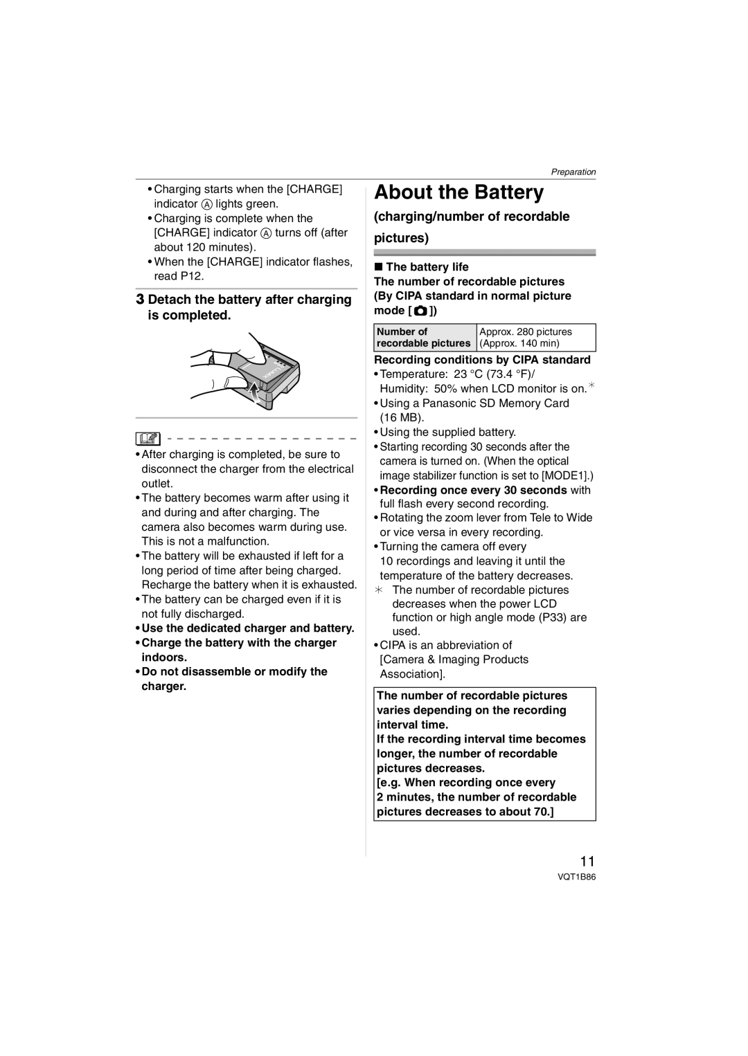 Panasonic DMCFX30K, DMC-FX30 operating instructions About the Battery, Detach the battery after charging is completed 