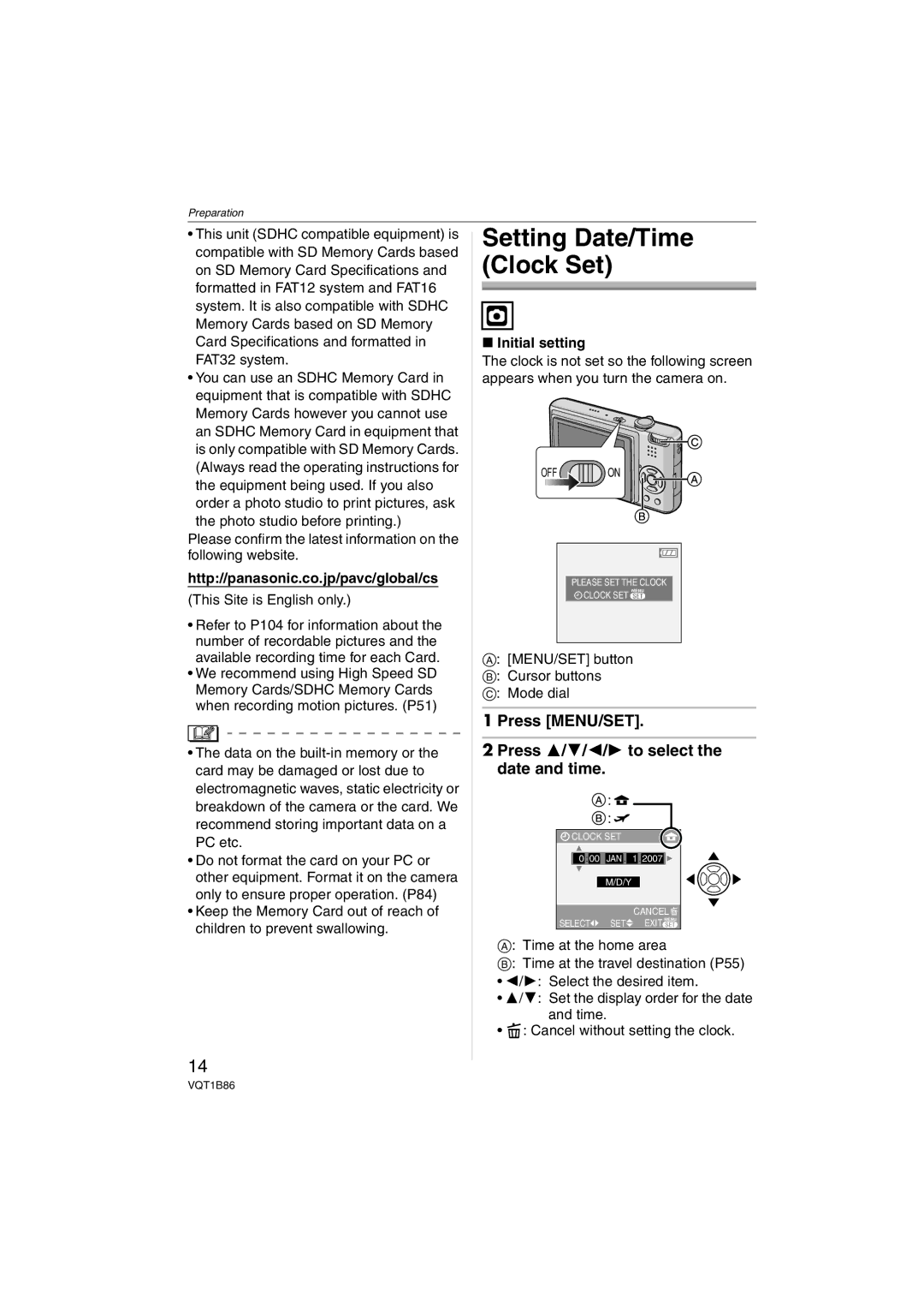 Panasonic DMC-FX30 Press MENU/SET Press 3/4/2/1 to select the date and time, Http//panasonic.co.jp/pavc/global/cs 