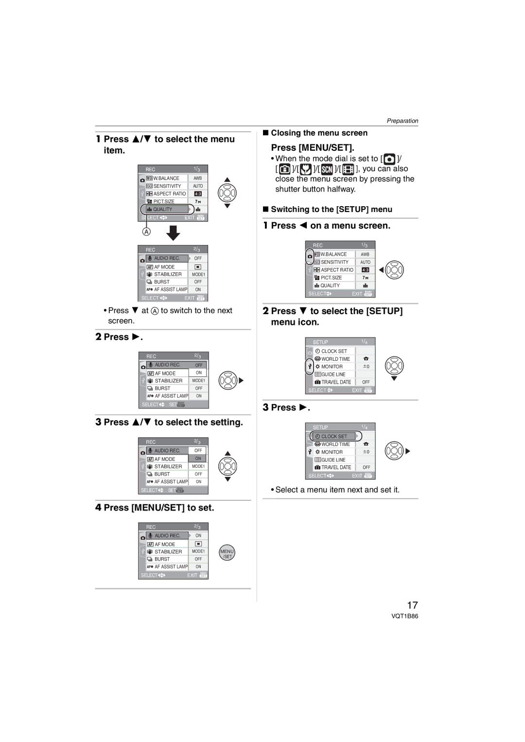 Panasonic DMCFX30K, DMC-FX30 Press 3/4 to select the menu item, Press 3/4 to select the setting, Press 2 on a menu screen 