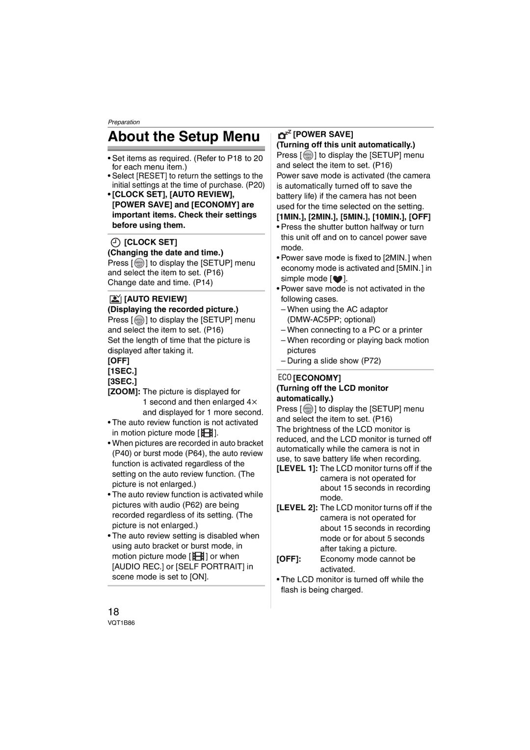 Panasonic DMC-FX30, DMCFX30K operating instructions About the Setup Menu 