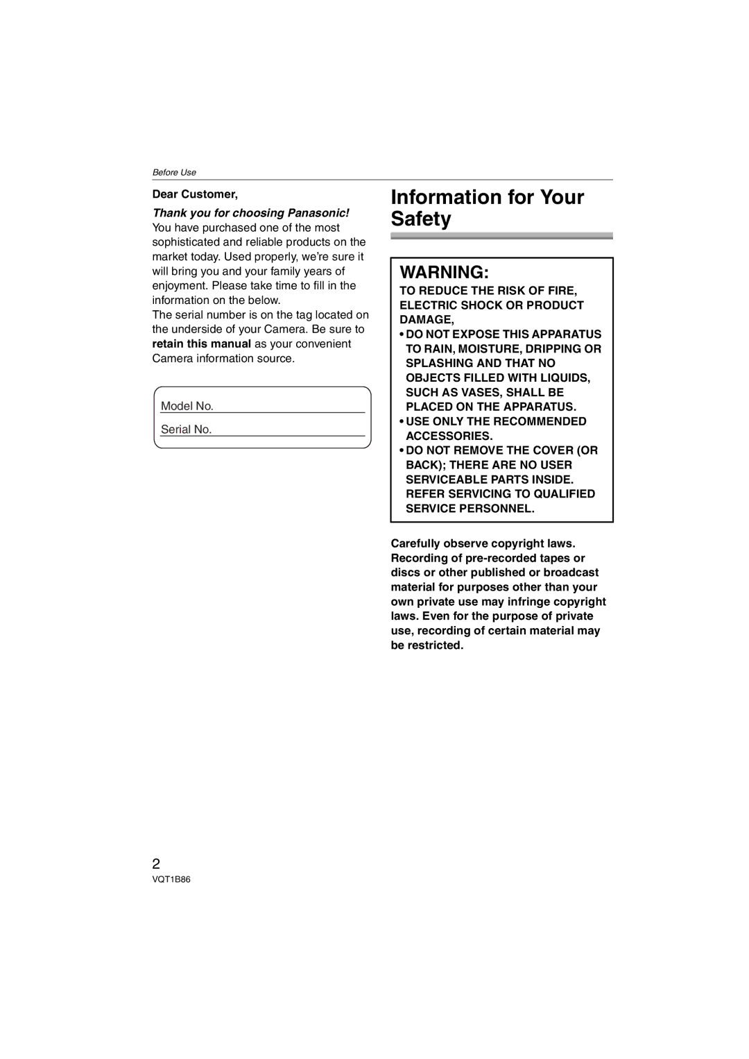 Panasonic DMC-FX30, DMCFX30K operating instructions Information for Your Safety, Dear Customer 